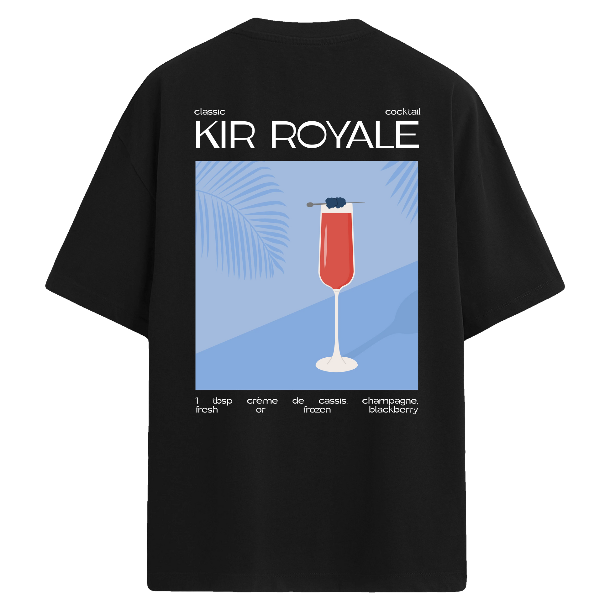 Kir Royale kokteyli illüstrasyonu bulunan sırt baskılı siyah oversize tişört