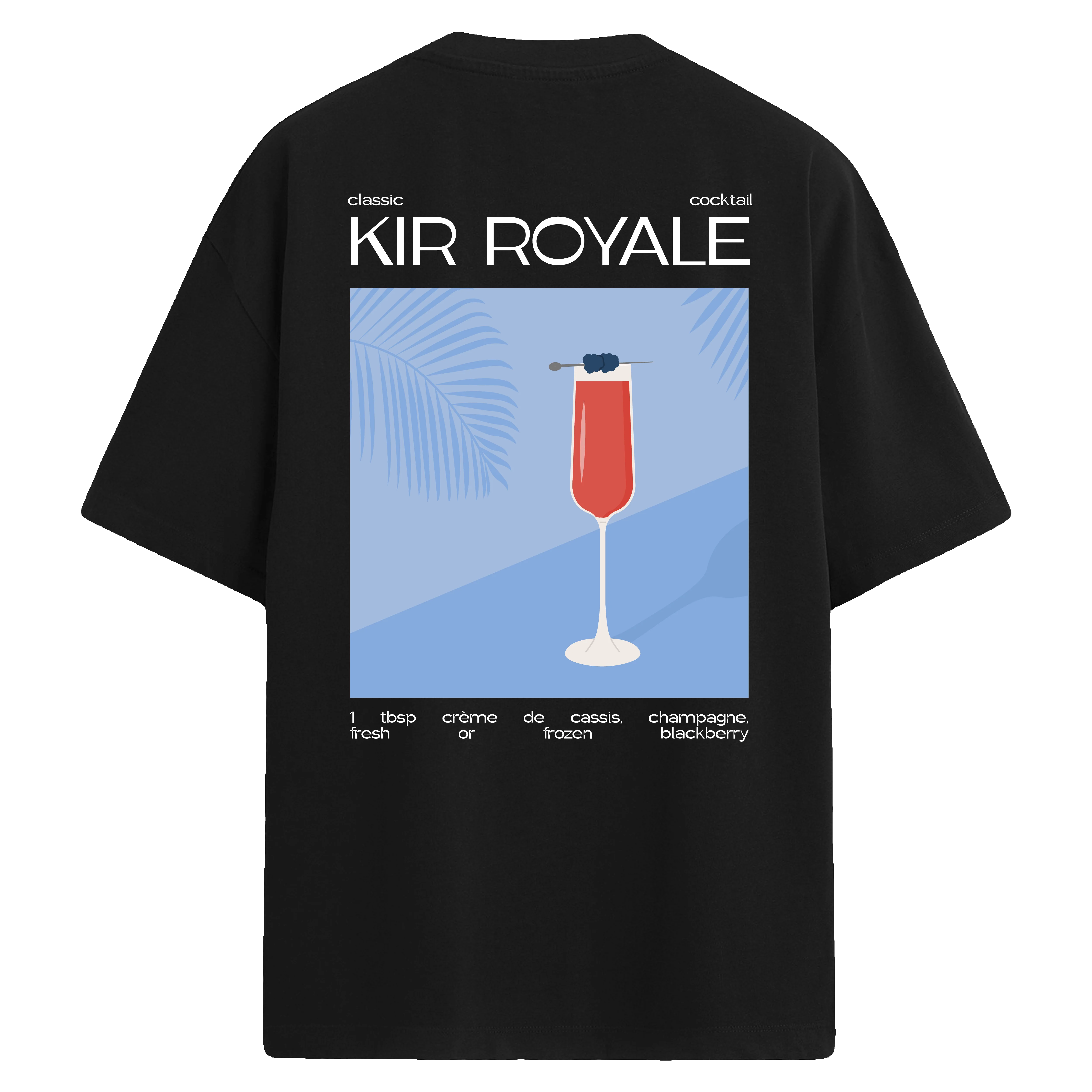 Kir Royale kokteyli illüstrasyonu bulunan sırt baskılı siyah oversize tişört