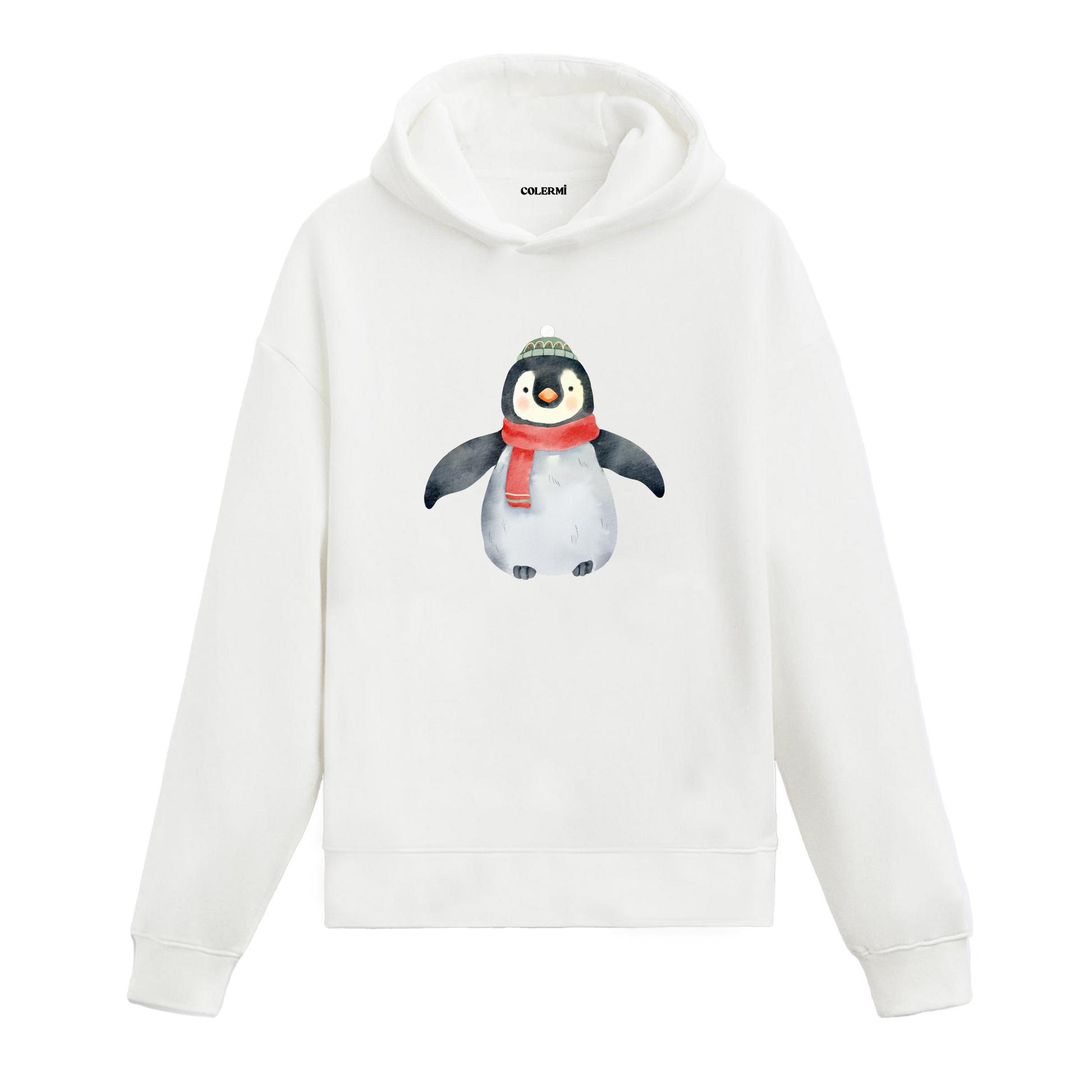 Beyaz hoodie, atkı ve bere takmış penguen baskısı, pamuklu unisex hoodie