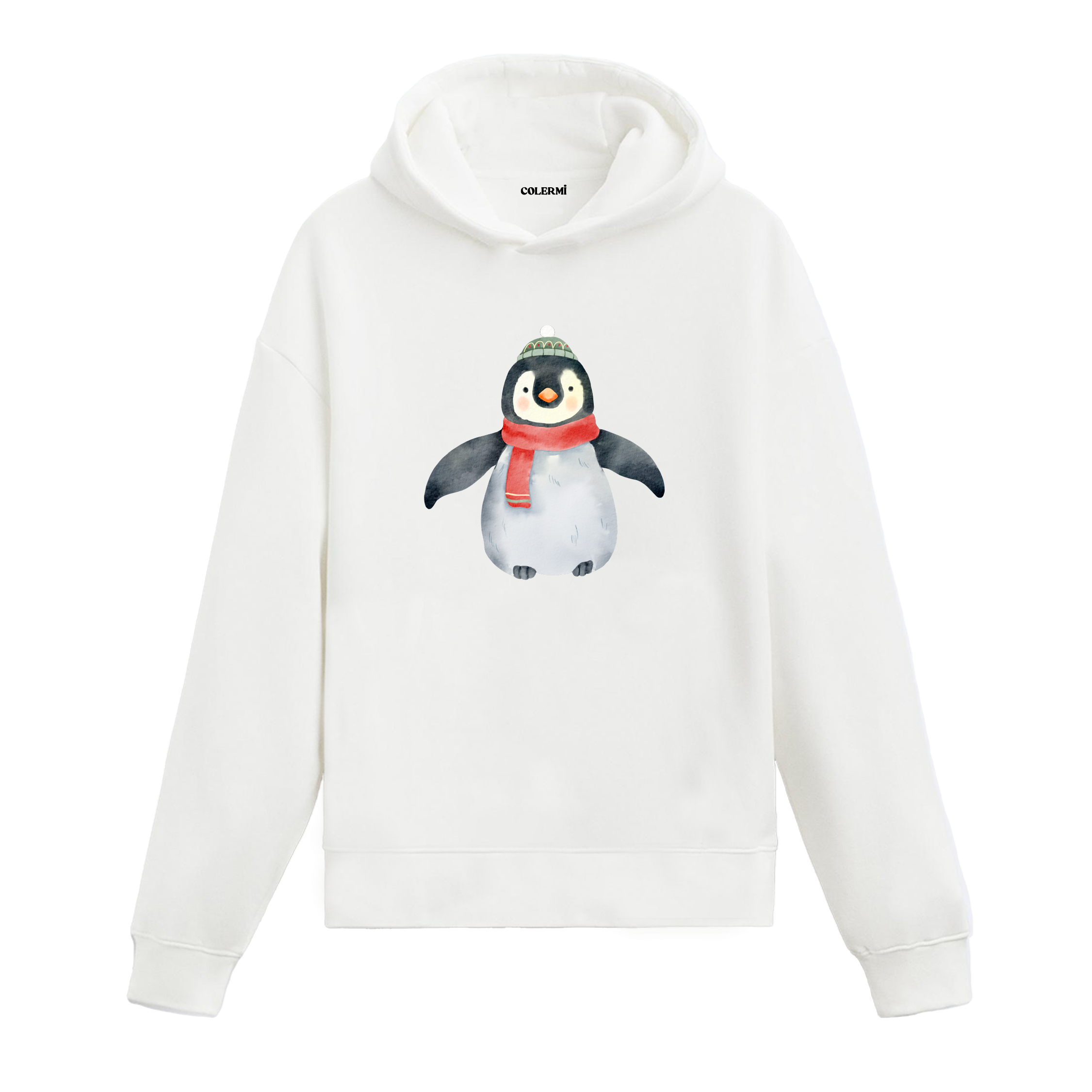 Beyaz hoodie, atkı ve bere takmış penguen baskısı, pamuklu unisex hoodie
