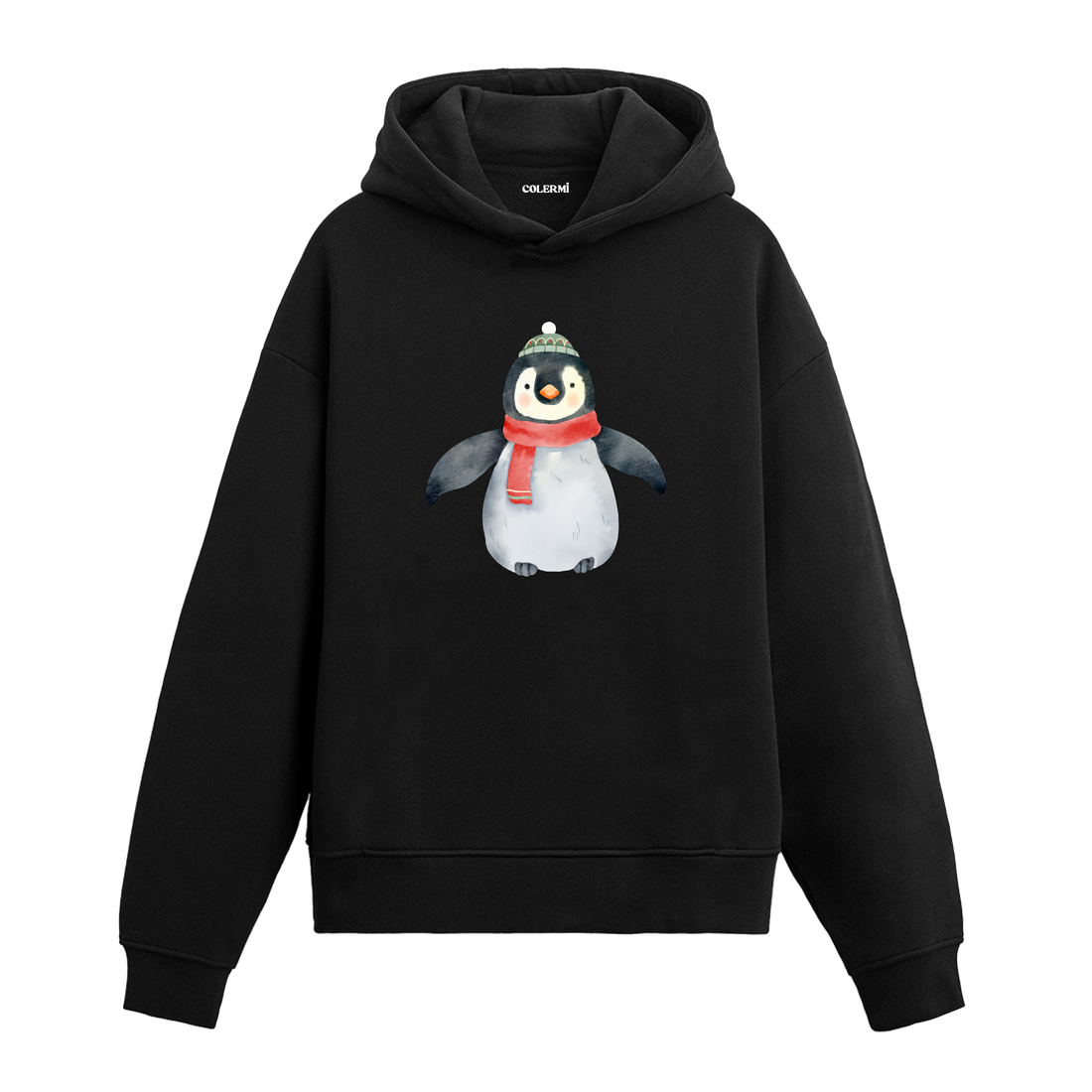 Siyah hoodie, kırmızı atkılı ve bereli penguen baskısı, pamuklu unisex hoodie