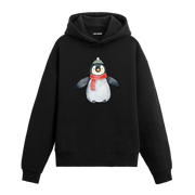 Siyah hoodie, kırmızı atkılı ve bereli penguen baskısı, pamuklu unisex hoodie