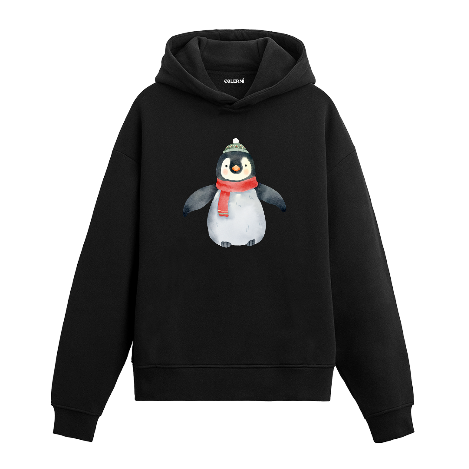 Siyah hoodie, kırmızı atkılı ve bereli penguen baskısı, pamuklu unisex hoodie