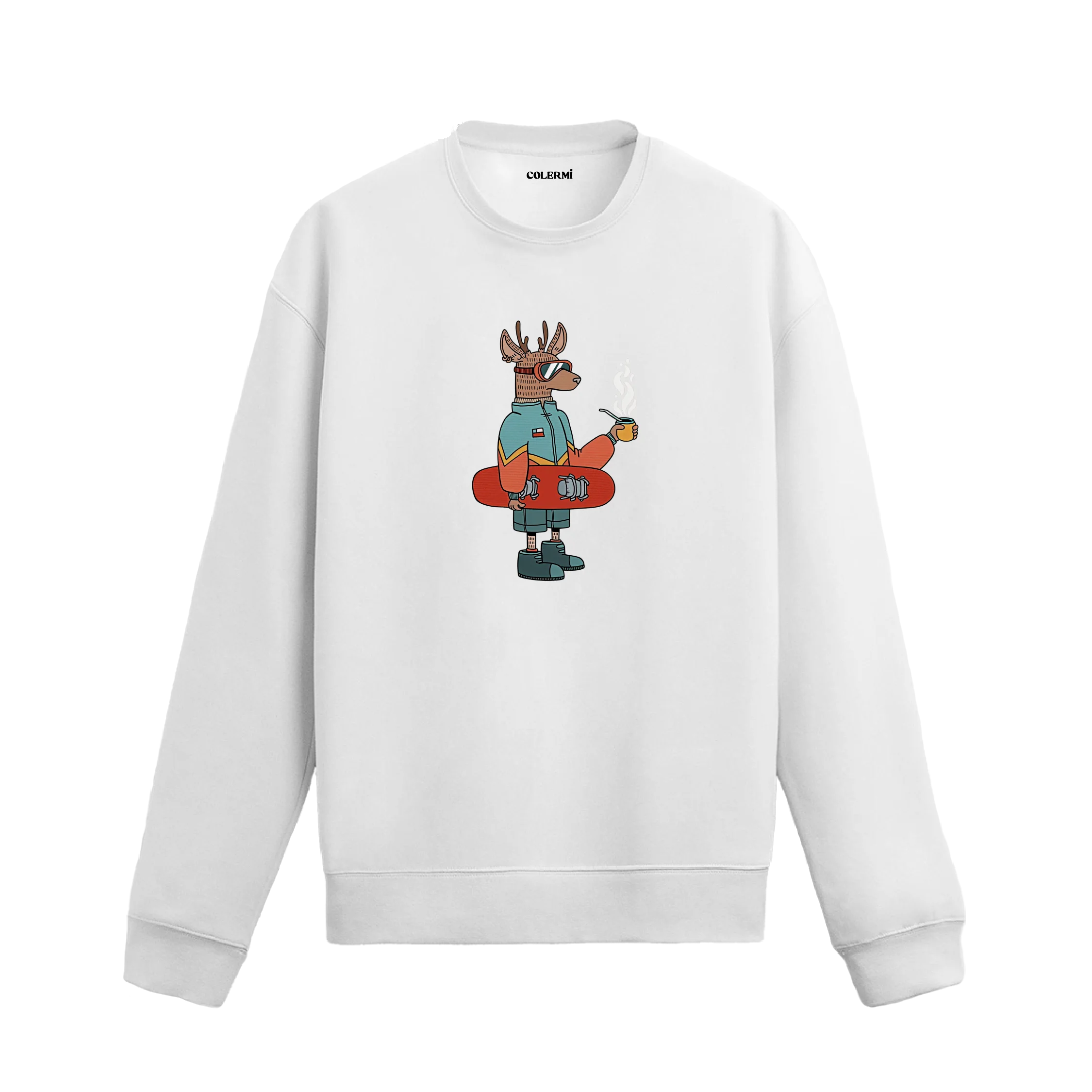 Kış Temalı Snowboardcu Geyik Tasarımlı Sweatshirt