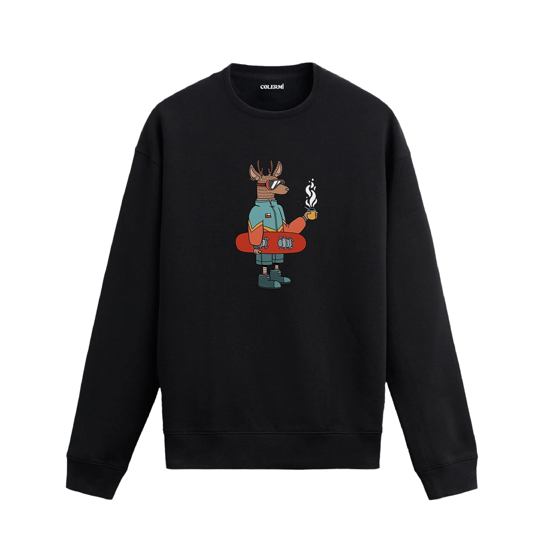 Kış Temalı Snowboardcu Geyik Tasarımlı Sweatshirt
