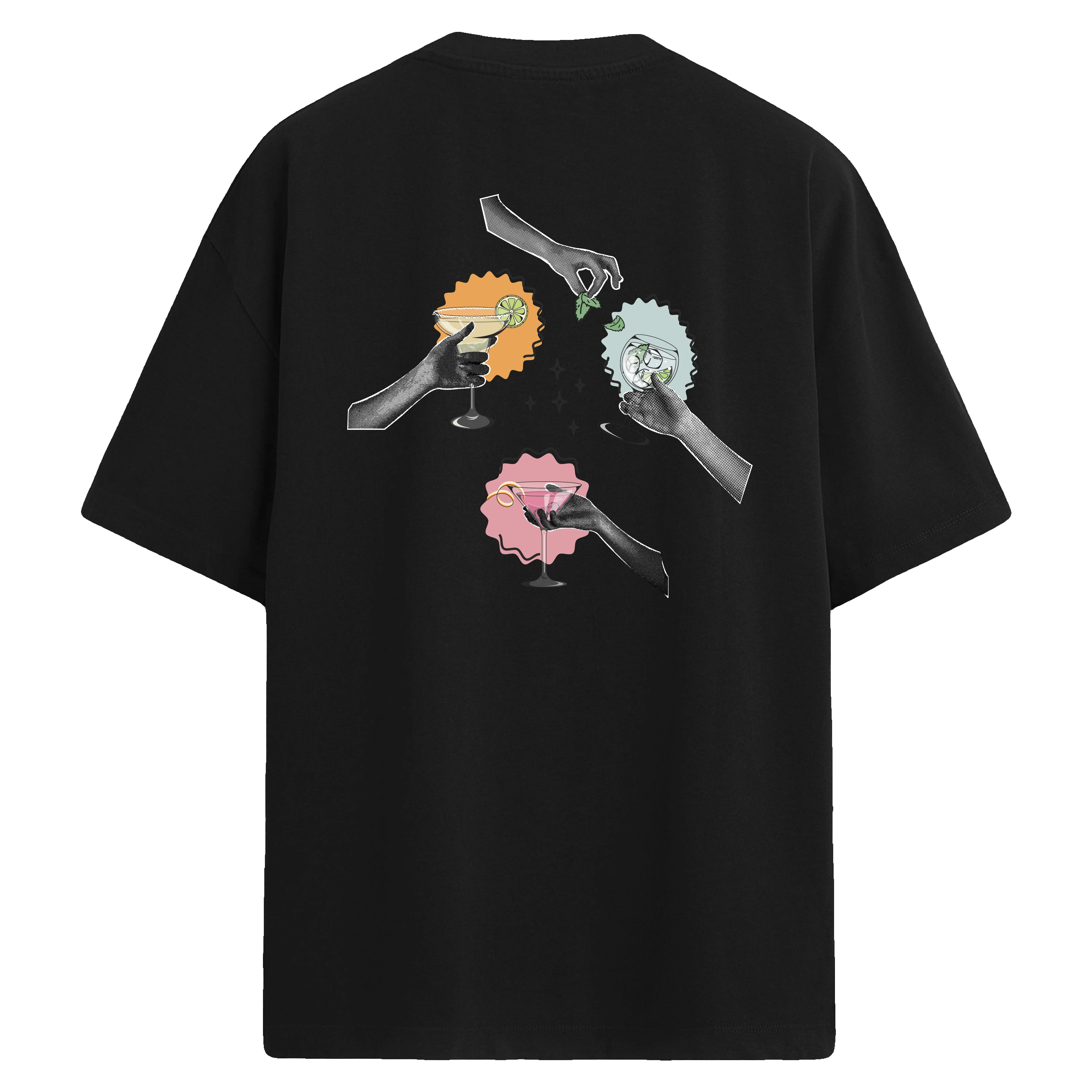 Kokteyl bardakları tutan illüstratif el figürlü, renkli blok detaylı sırt baskılı oversize tişört