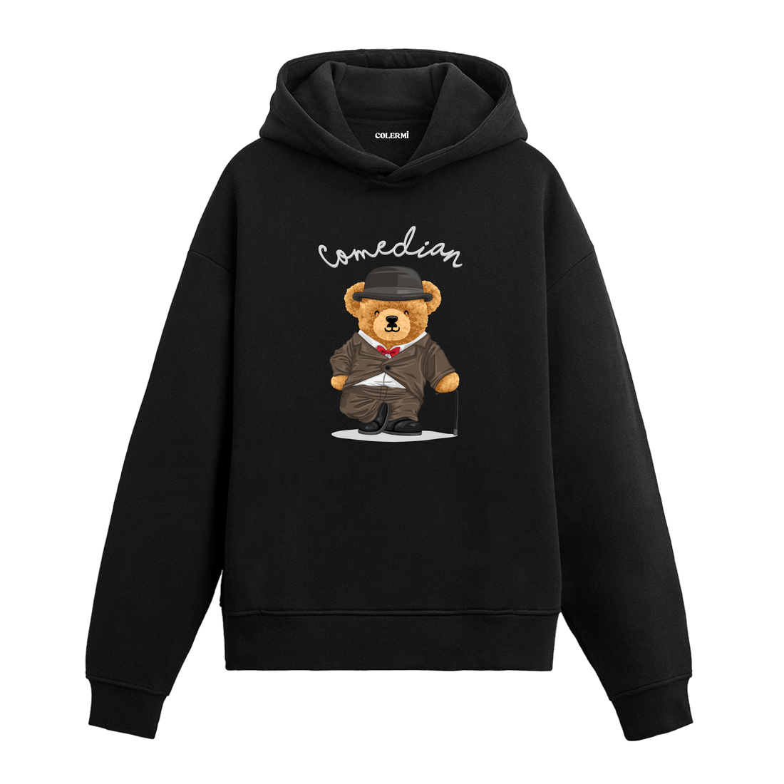 Şapka, baston ve papyonla poz veren komedyen ayıcık figürlü hoodie tasarımı.