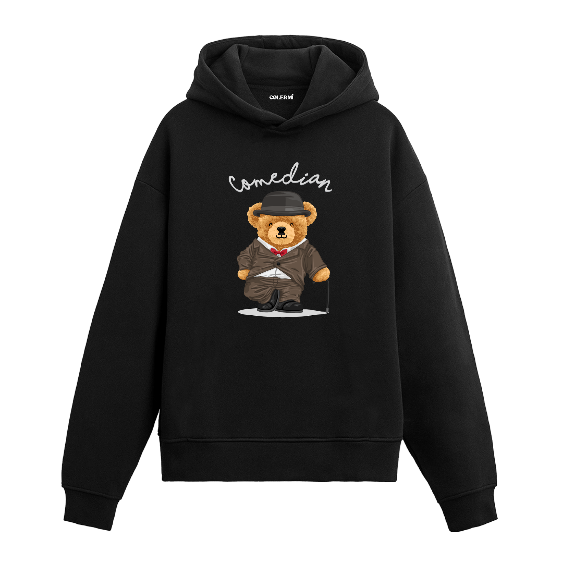 Şapka, baston ve papyonla poz veren komedyen ayıcık figürlü hoodie tasarımı.