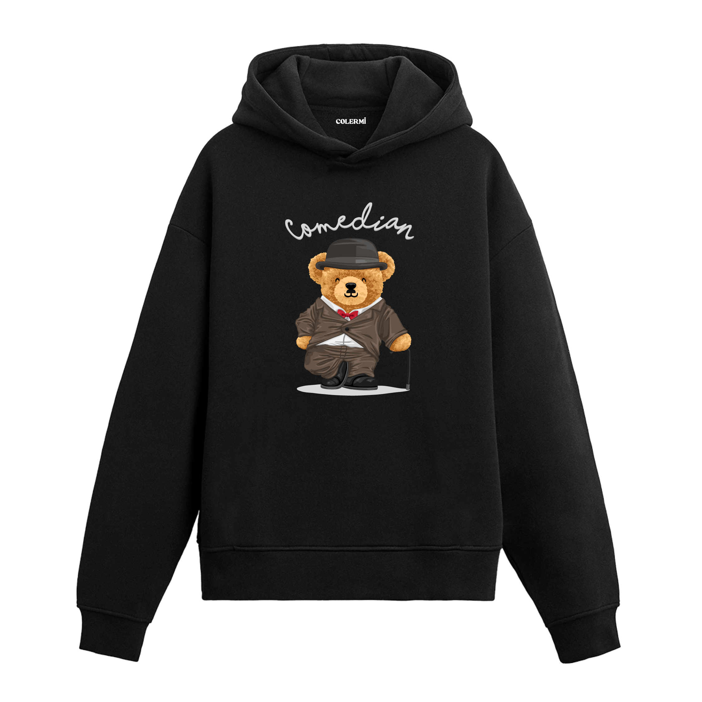 Şapka, baston ve papyonla poz veren komedyen ayıcık figürlü hoodie tasarımı.