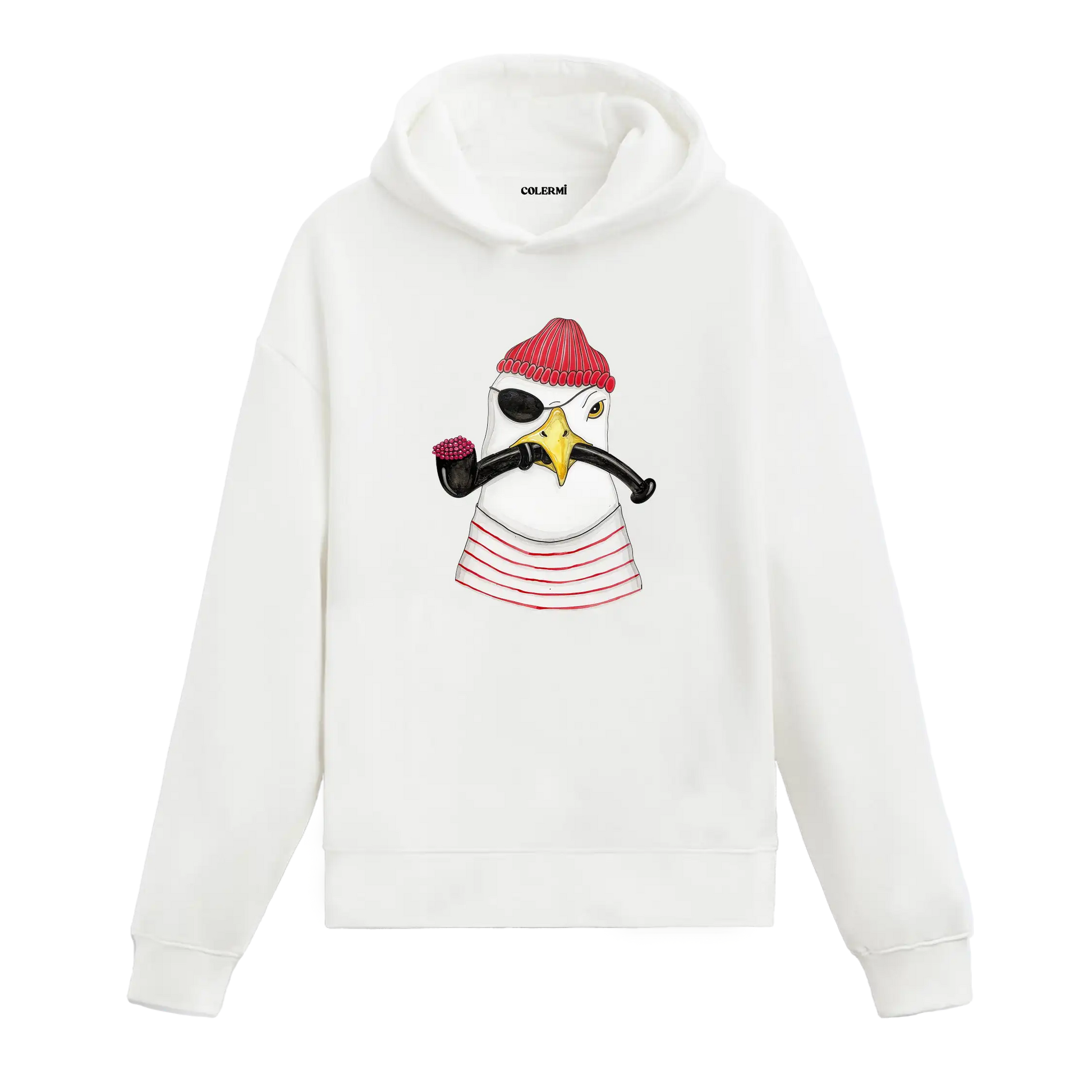 Göz bandı, kırmızı bere ve pipo takan korsan martı figürlü Colermi hoodie.