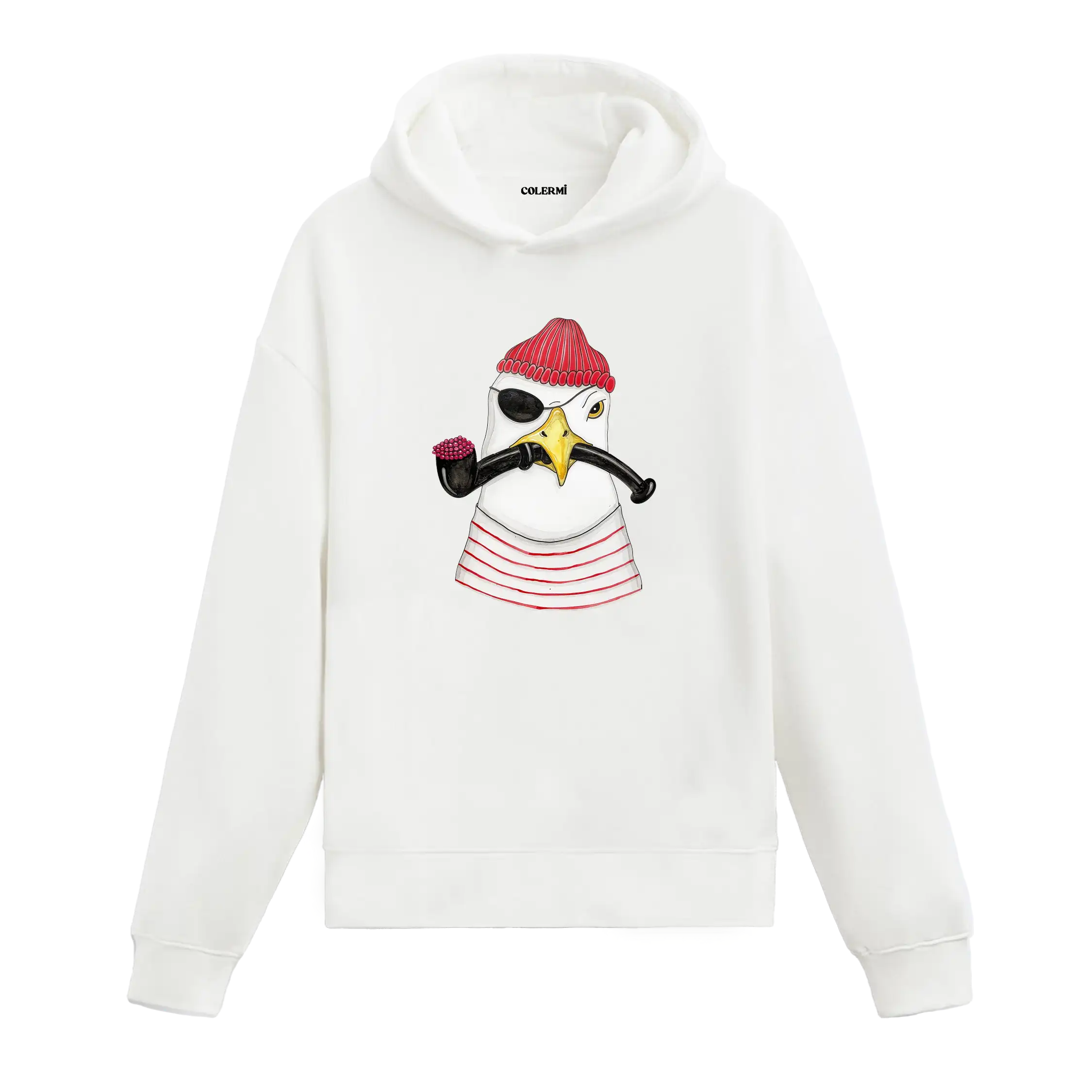 Göz bandı, kırmızı bere ve pipo takan korsan martı figürlü Colermi hoodie.