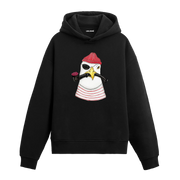 Göz bandı, kırmızı bere ve pipo takan korsan martı figürlü Colermi hoodie.