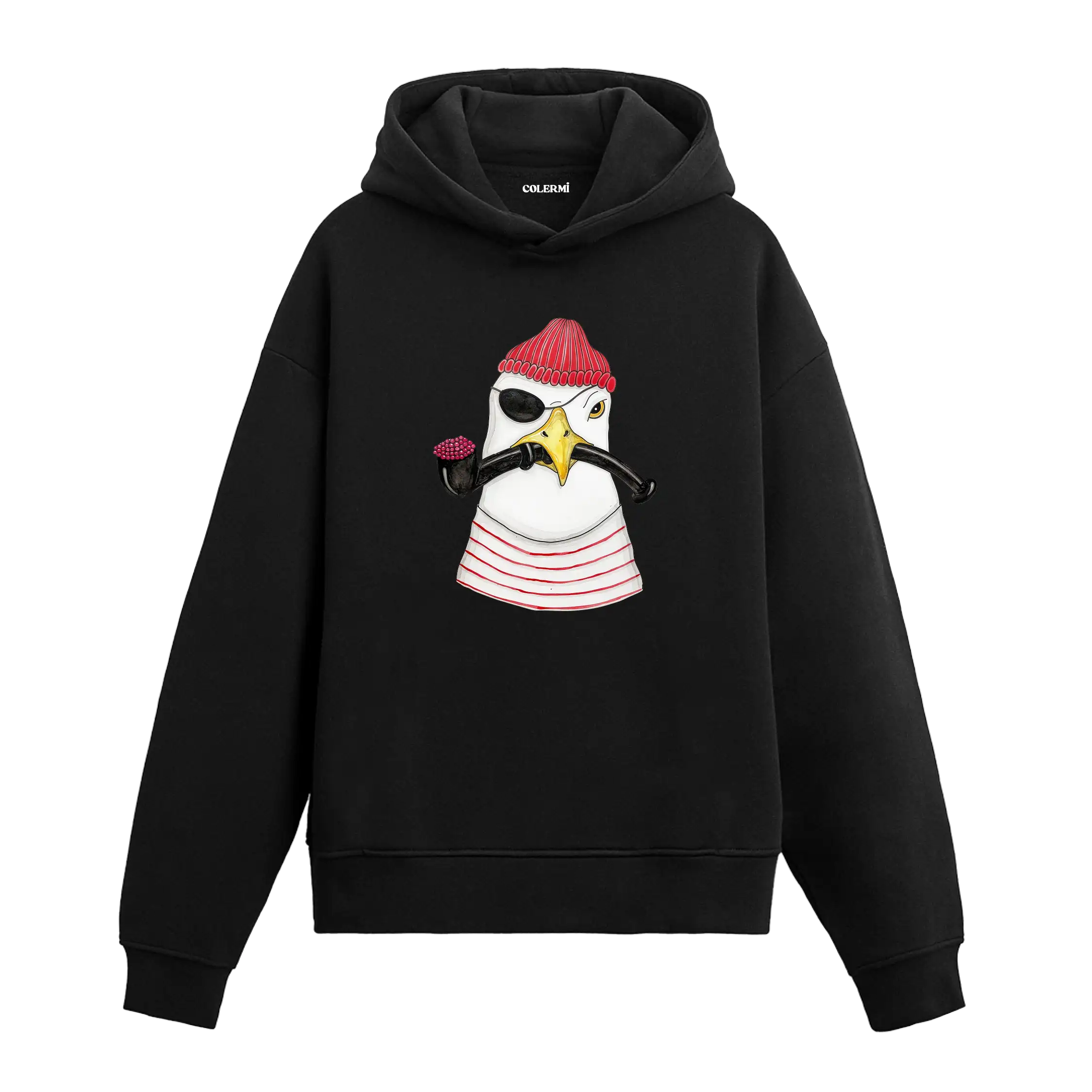 Göz bandı, kırmızı bere ve pipo takan korsan martı figürlü Colermi hoodie.