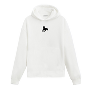 Beyaz hoodie üzerinde koşan at figürü baskısı