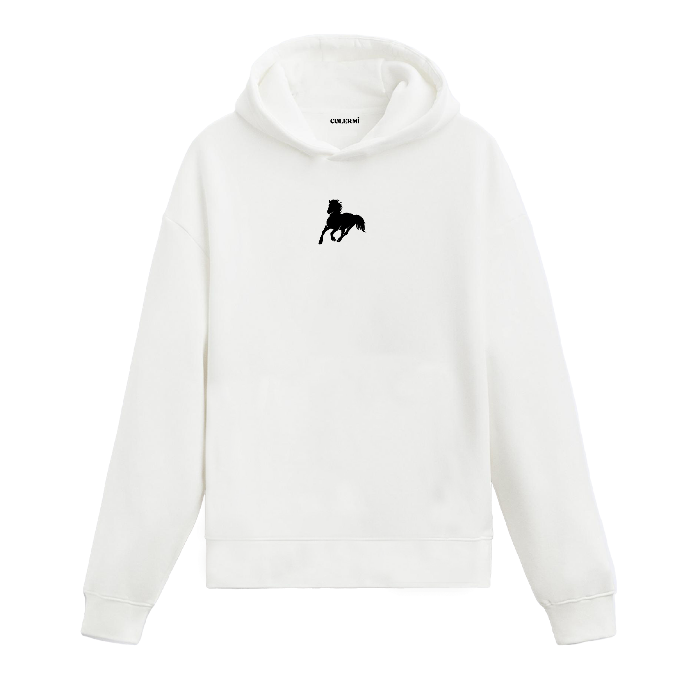 Beyaz hoodie üzerinde koşan at figürü baskısı