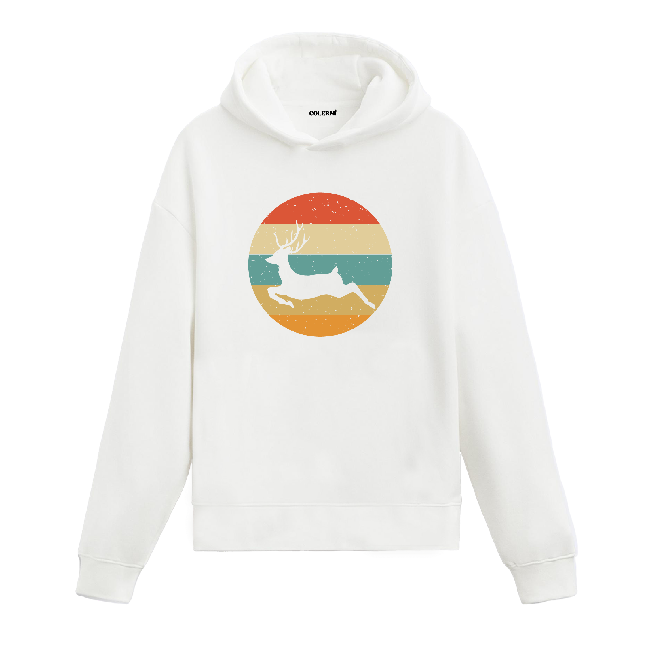 Retro günbatımı dairesinde koşan geyik baskılı beyaz hoodie