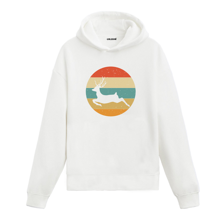 Retro günbatımı dairesinde koşan geyik baskılı beyaz hoodie