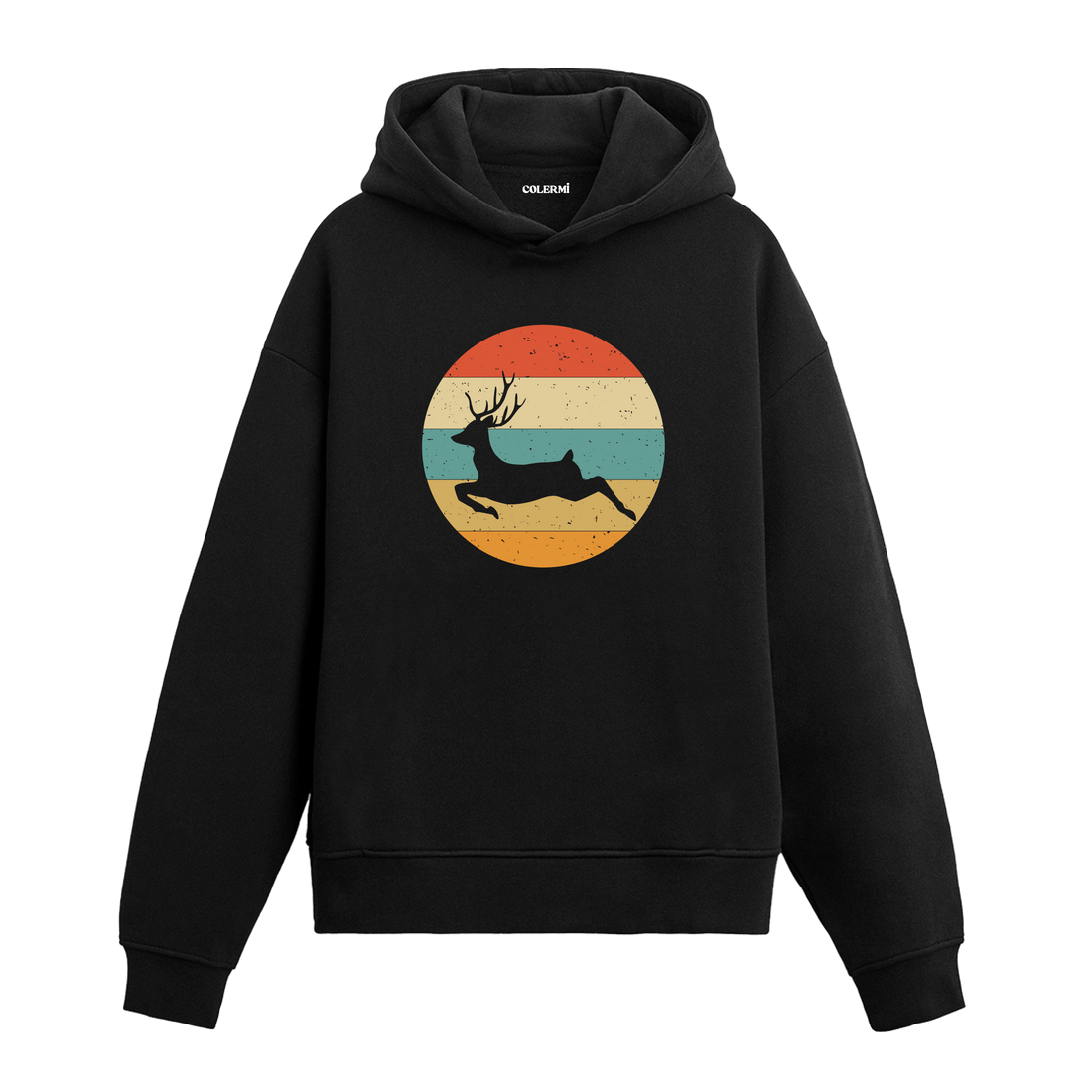 Retro günbatımı dairesinde koşan geyik baskılı siyah hoodie