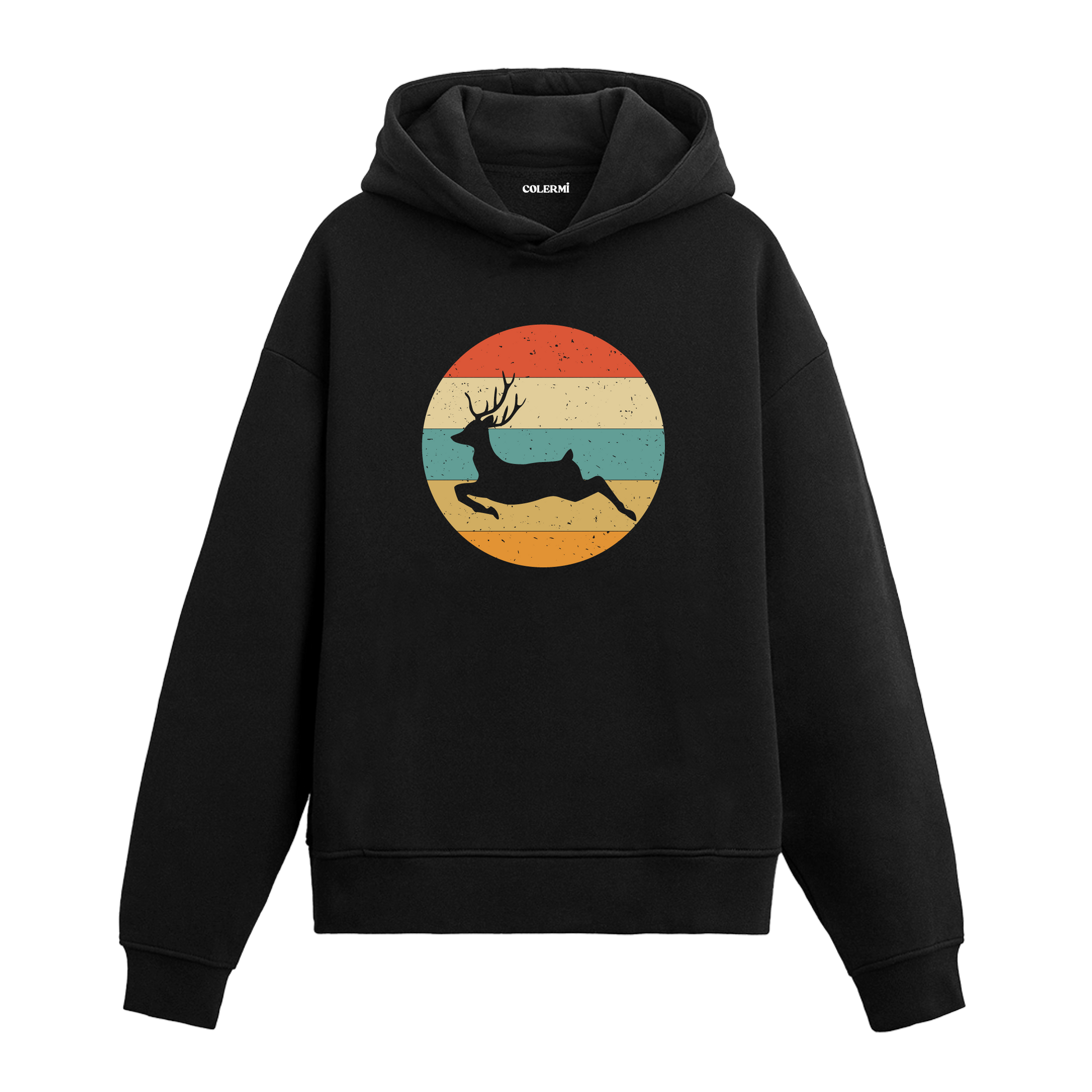 Retro günbatımı dairesinde koşan geyik baskılı siyah hoodie