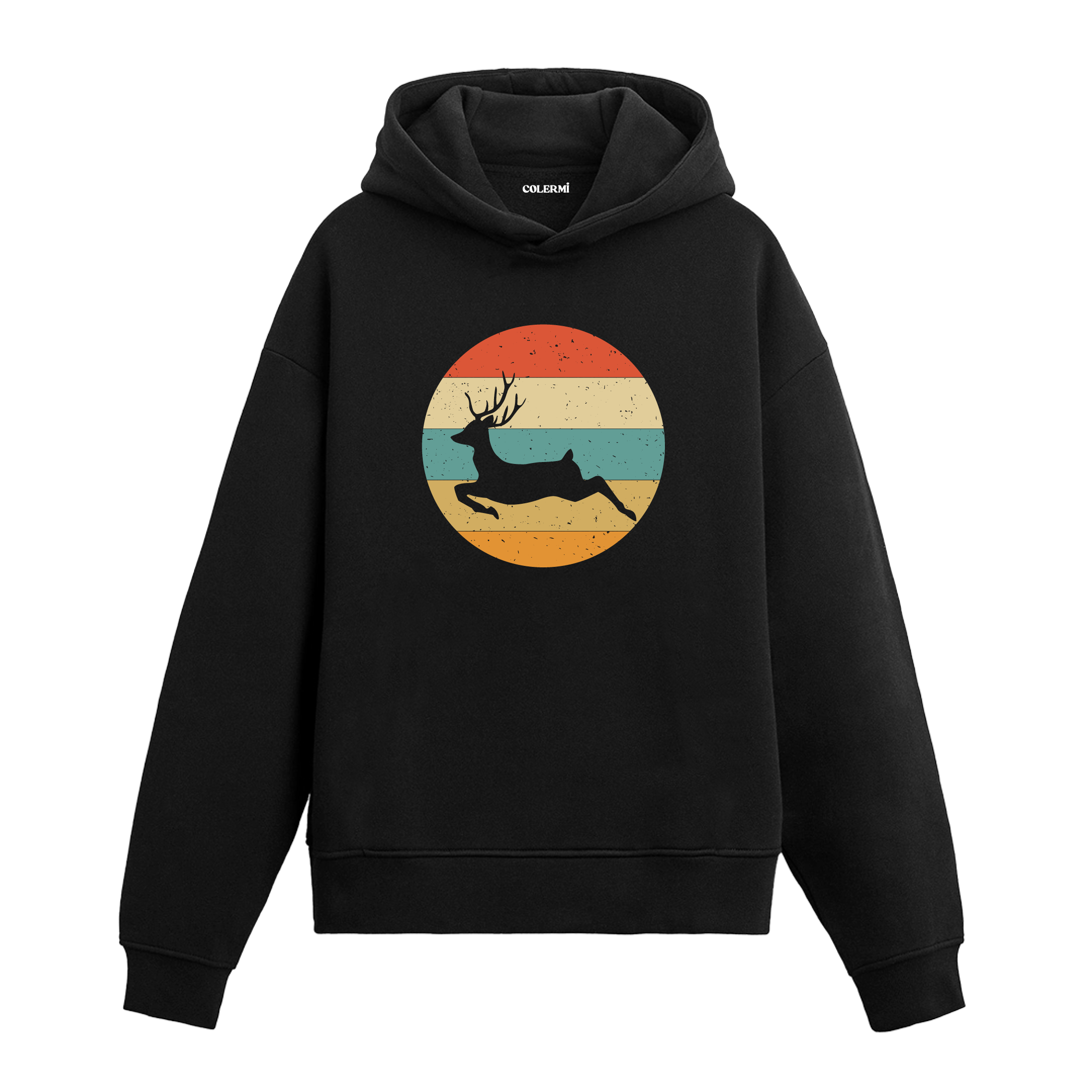 Retro günbatımı dairesinde koşan geyik baskılı siyah hoodie