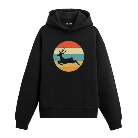 Retro günbatımı dairesinde koşan geyik baskılı siyah hoodie