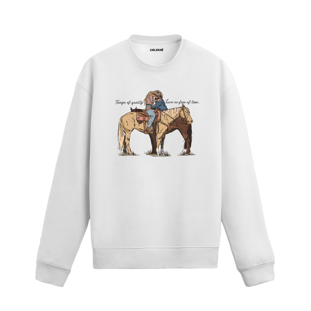 At sırtında sarılan kovboy figürlü, romantik western temalı Colermi sweatshirt.