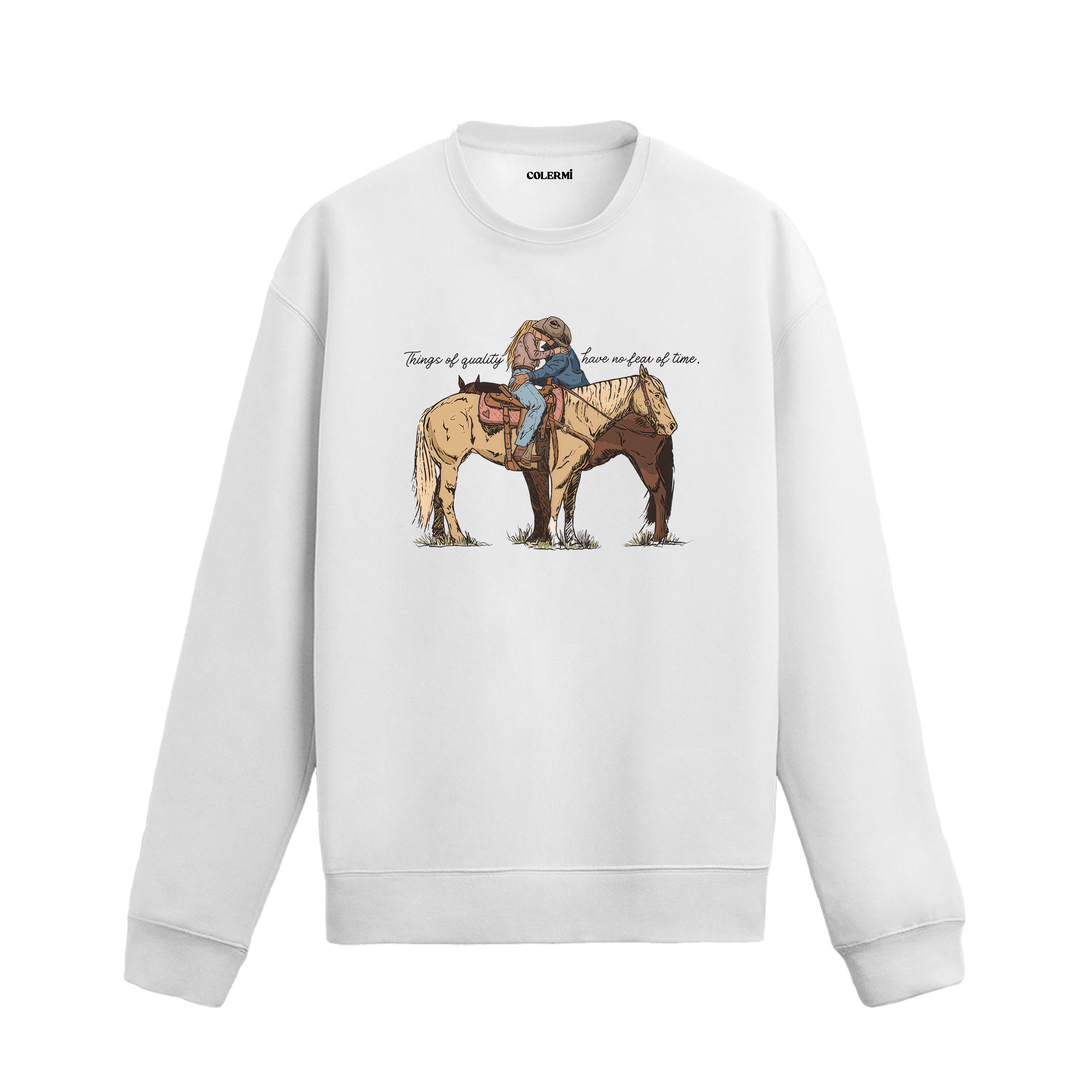 At sırtında sarılan kovboy figürlü, romantik western temalı Colermi sweatshirt.