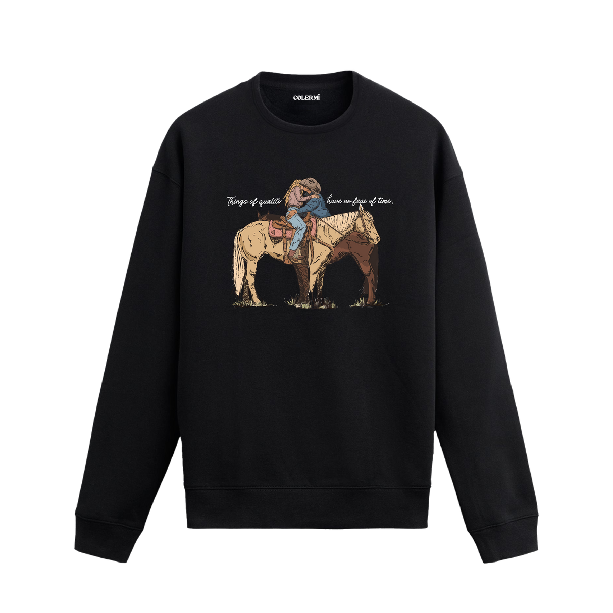 At sırtında sarılan kovboy figürlü, romantik western temalı Colermi sweatshirt.