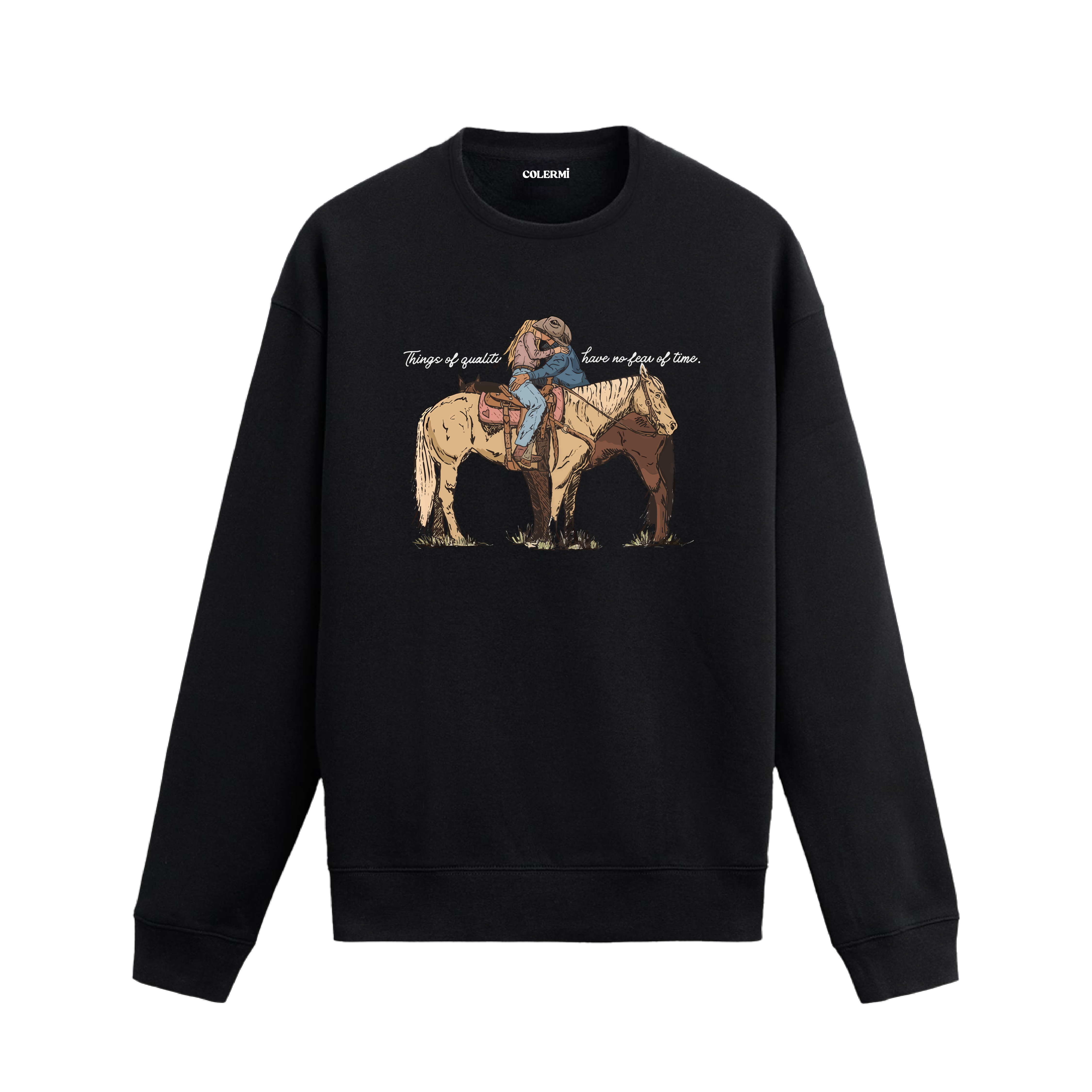 At sırtında sarılan kovboy figürlü, romantik western temalı Colermi sweatshirt.