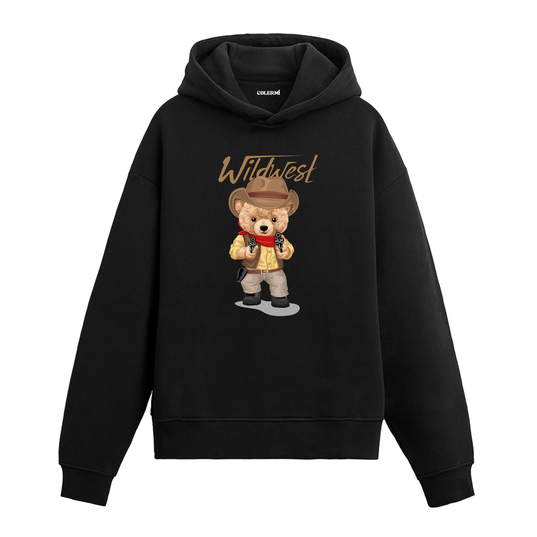 Kovboy şapkalı, kırmızı fularlı ve elinde tabanca tutan vahşi batı temalı ayıcık baskılı hoodie tasarımı.