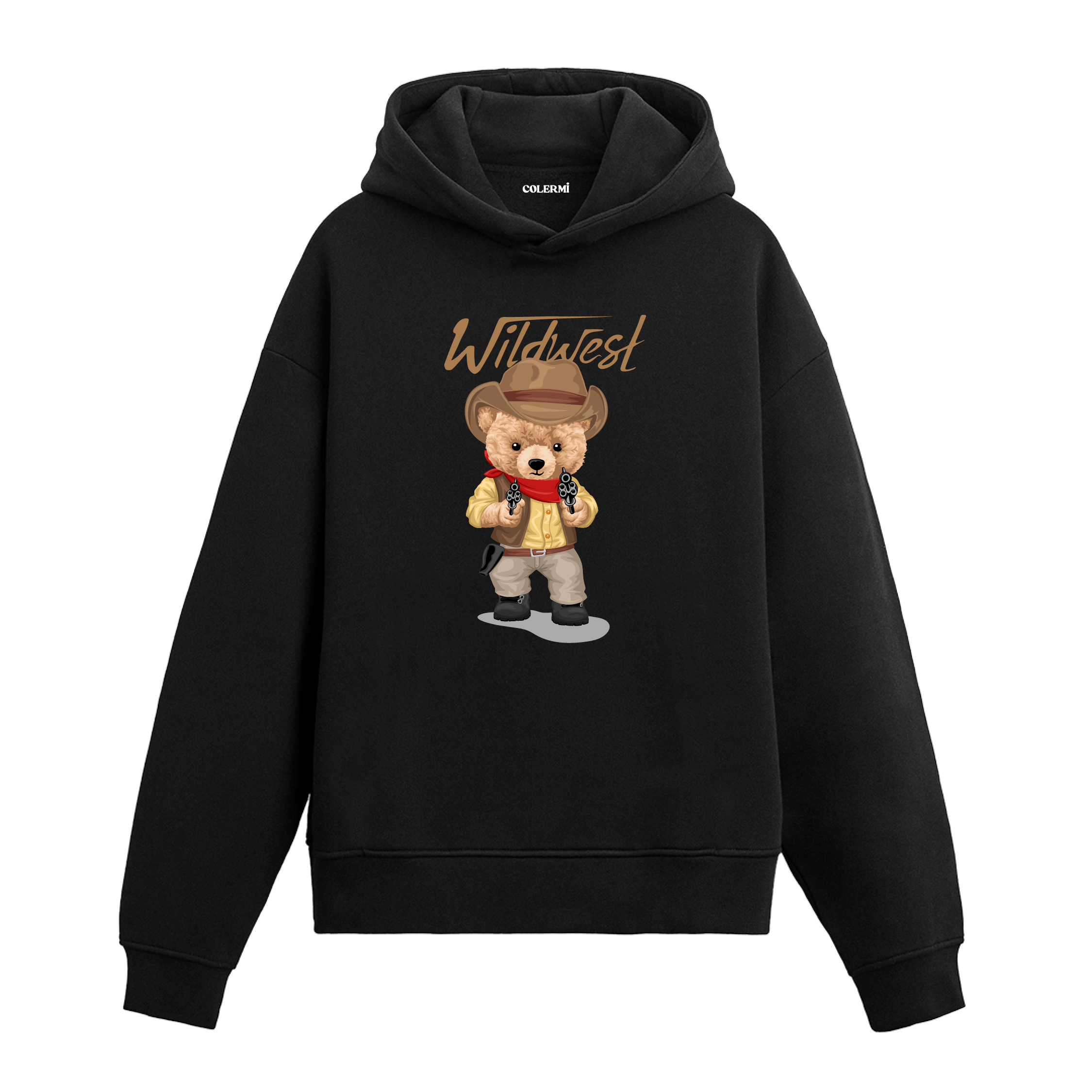 Kovboy şapkalı, kırmızı fularlı ve elinde tabanca tutan vahşi batı temalı ayıcık baskılı hoodie tasarımı.