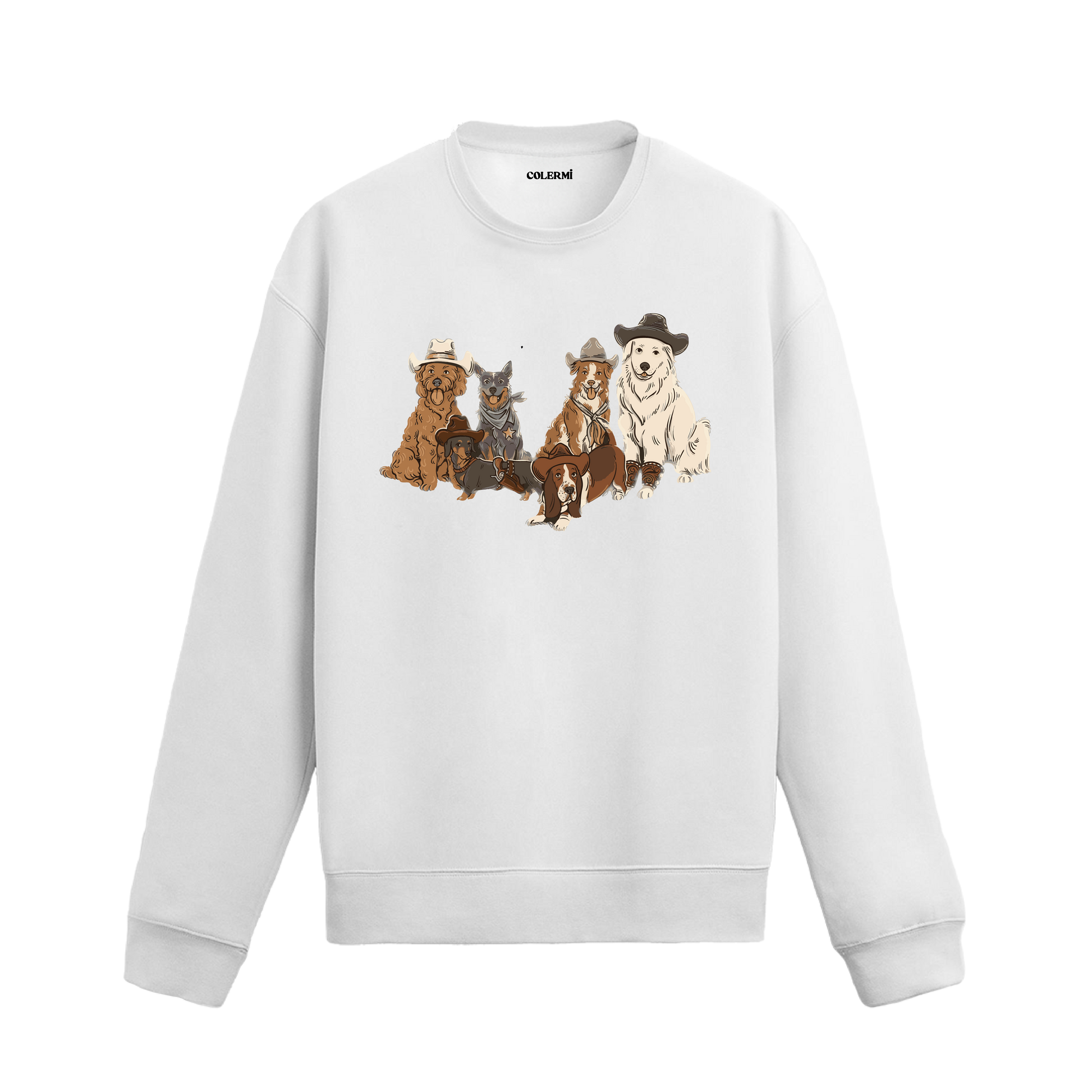 Kovboy şapkalarıyla altı köpek figürü baskılı sweatshirt tasarımı
