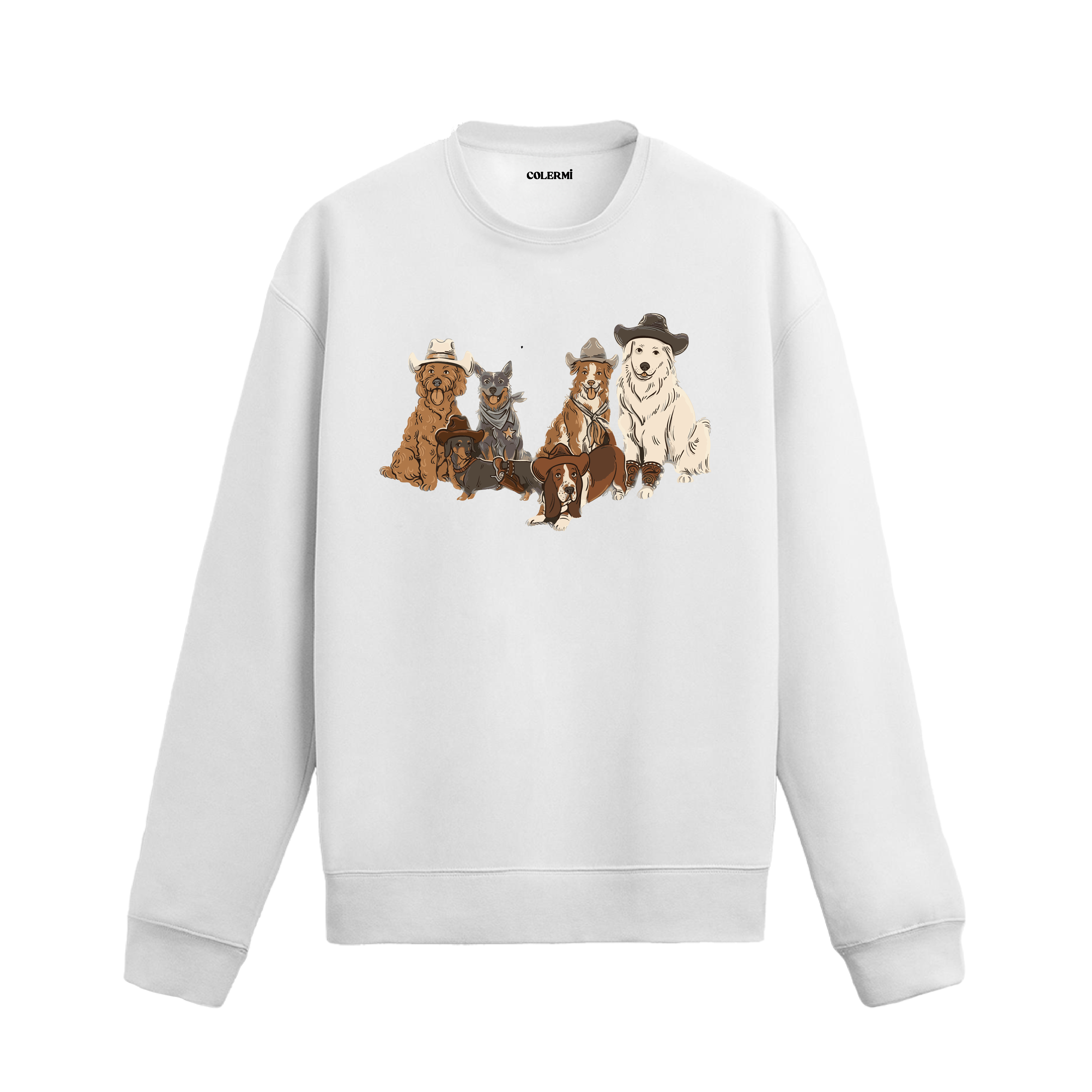 Kovboy şapkalarıyla altı köpek figürü baskılı sweatshirt tasarımı