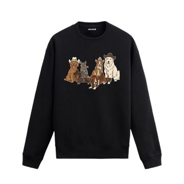 Kovboy şapkalarıyla altı köpek figürü baskılı sweatshirt tasarımı