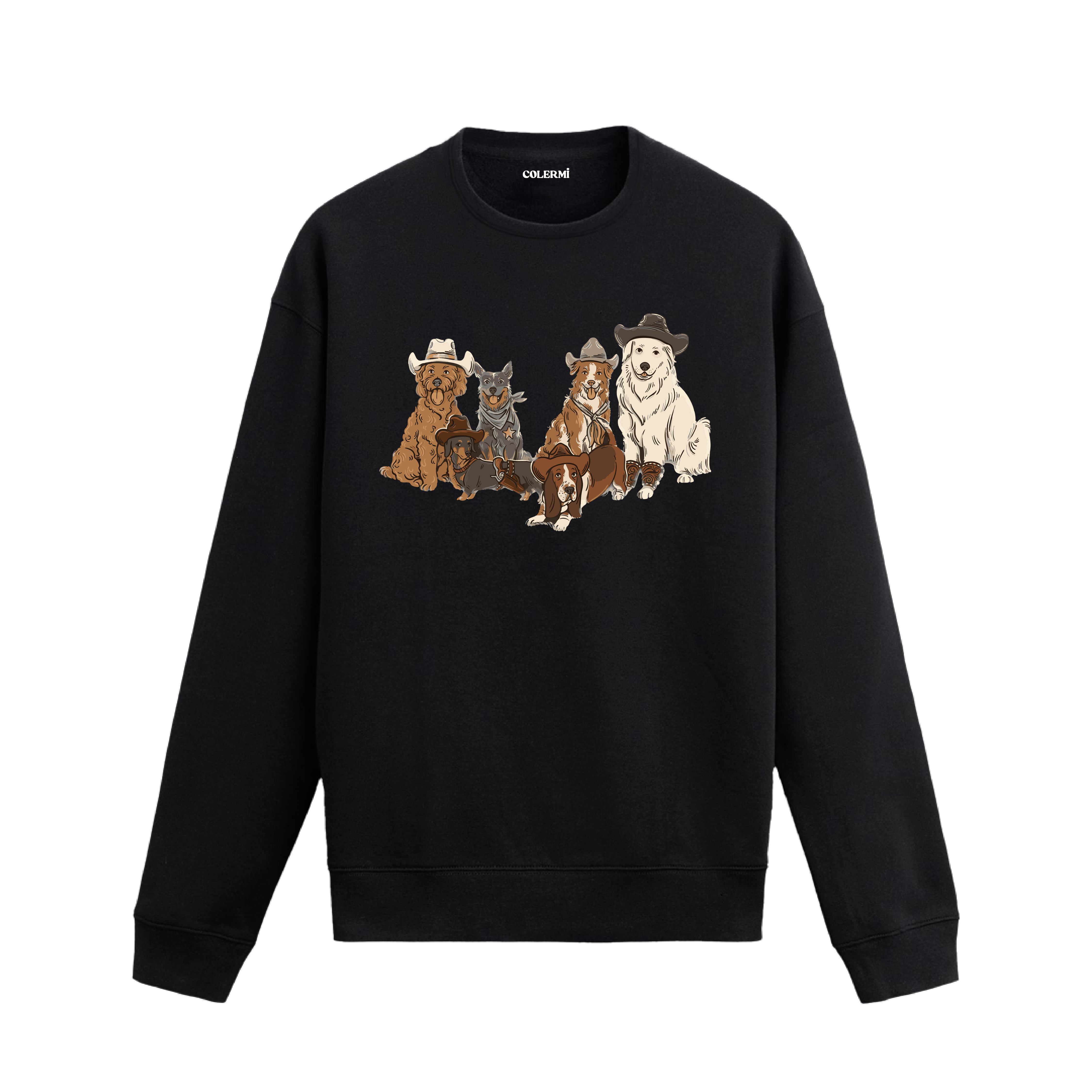 Kovboy şapkalarıyla altı köpek figürü baskılı sweatshirt tasarımı