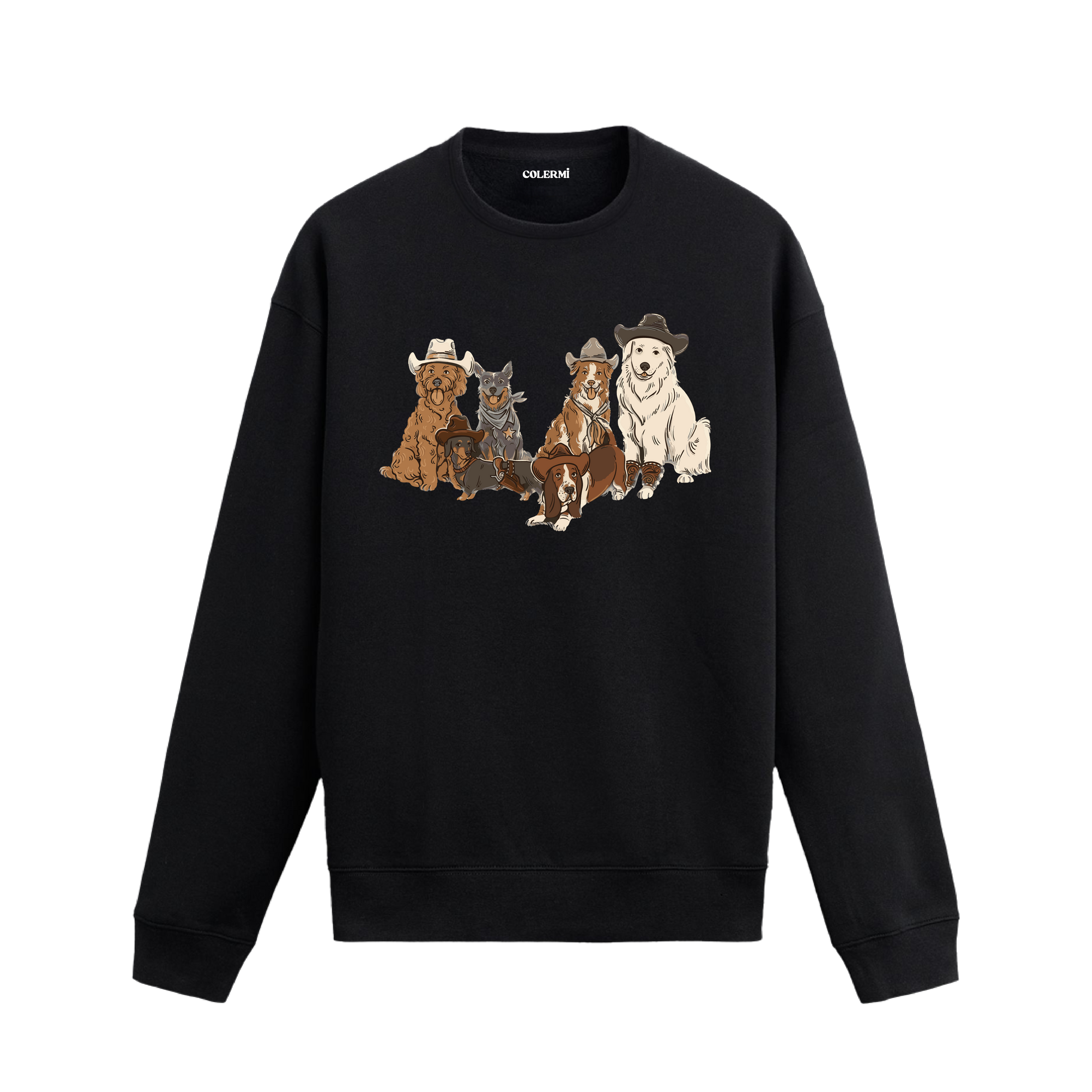 Kovboy şapkalarıyla altı köpek figürü baskılı sweatshirt tasarımı