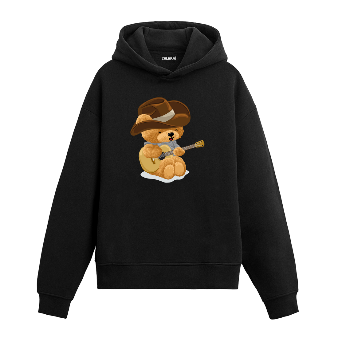 Kovboy şapkası takan ve gitar çalan sevimli ayıcık figürlü hoodie tasarımı.