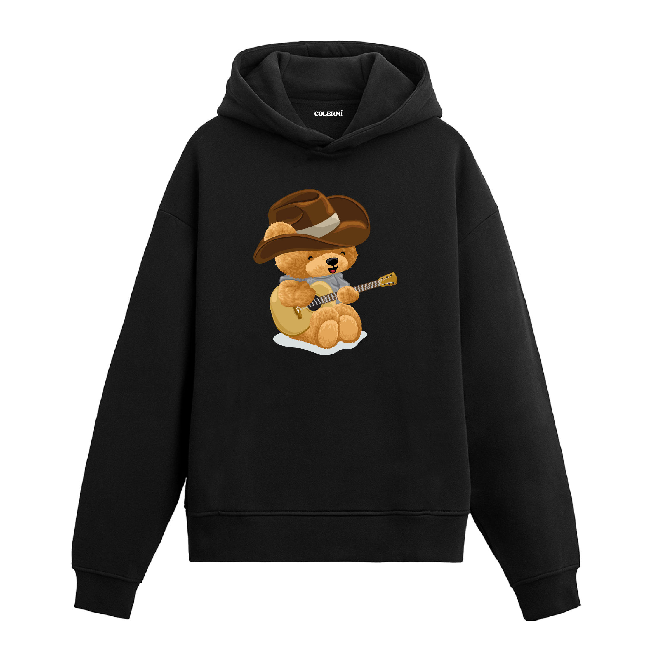 Kovboy şapkası takan ve gitar çalan sevimli ayıcık figürlü hoodie tasarımı.