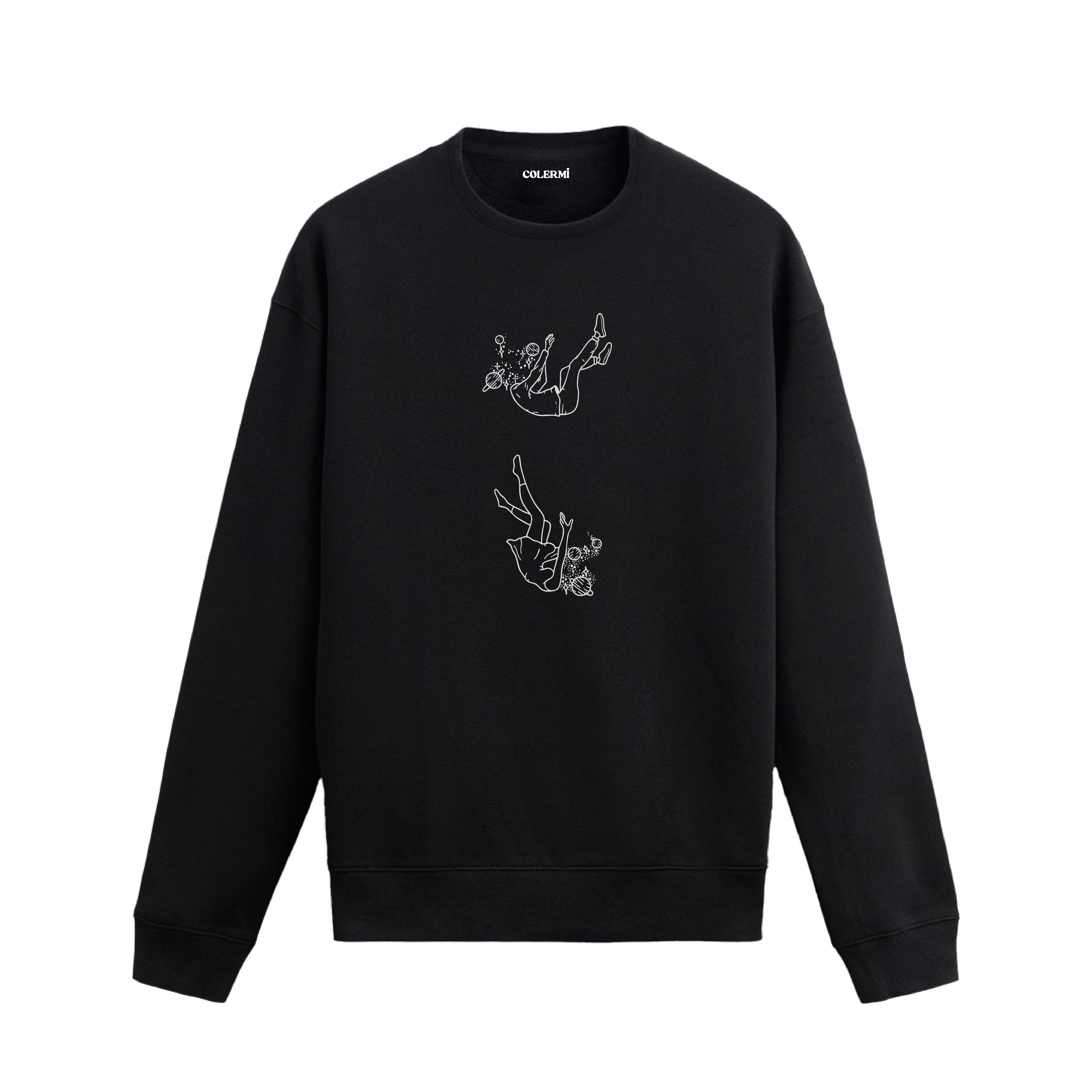 Uzayda süzülen kadın ve erkek figürü, gezegenlerle çevrili sweatshirt tasarımı.