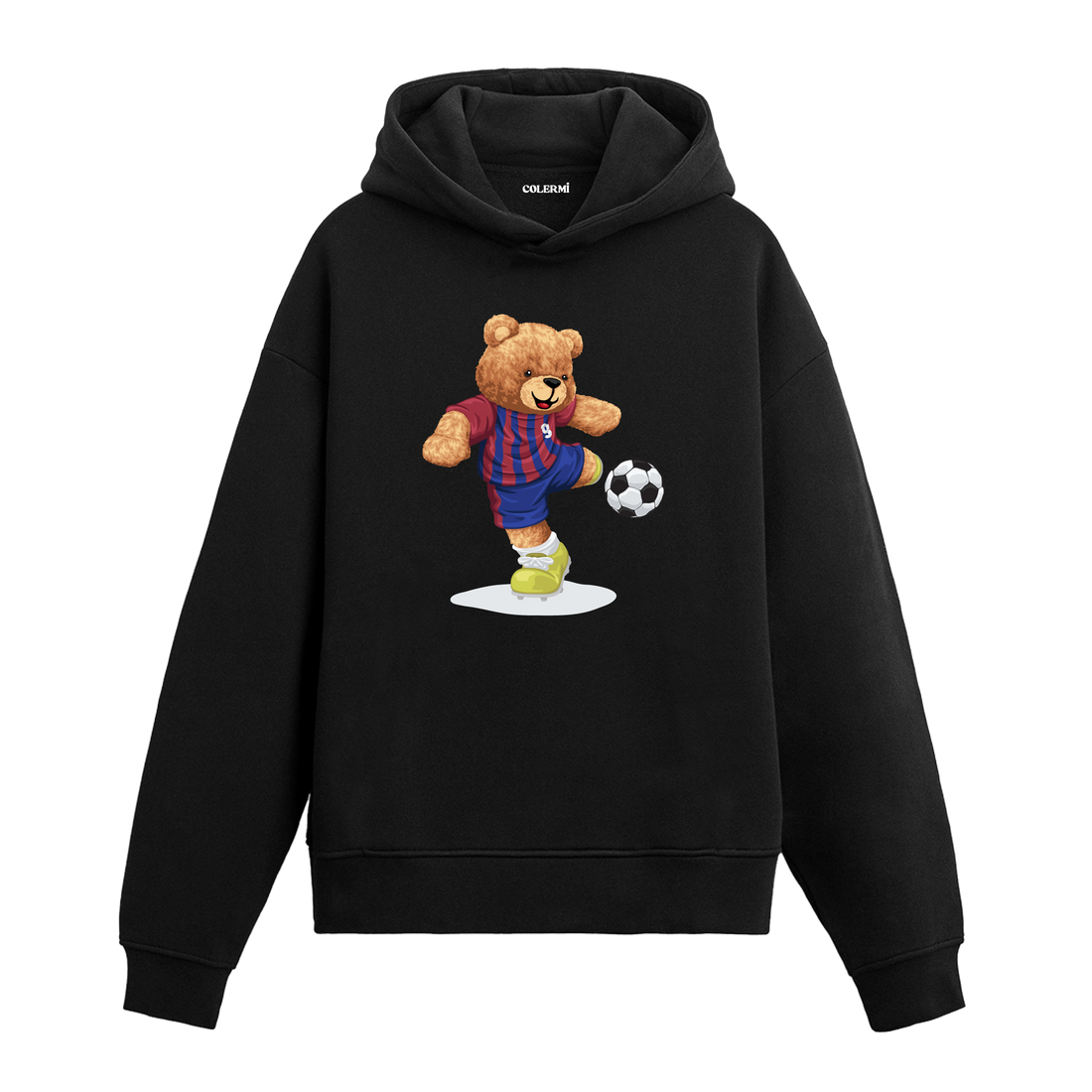 Topa vuran futbolcu ayıcık figürlü hoodie tasarımı.