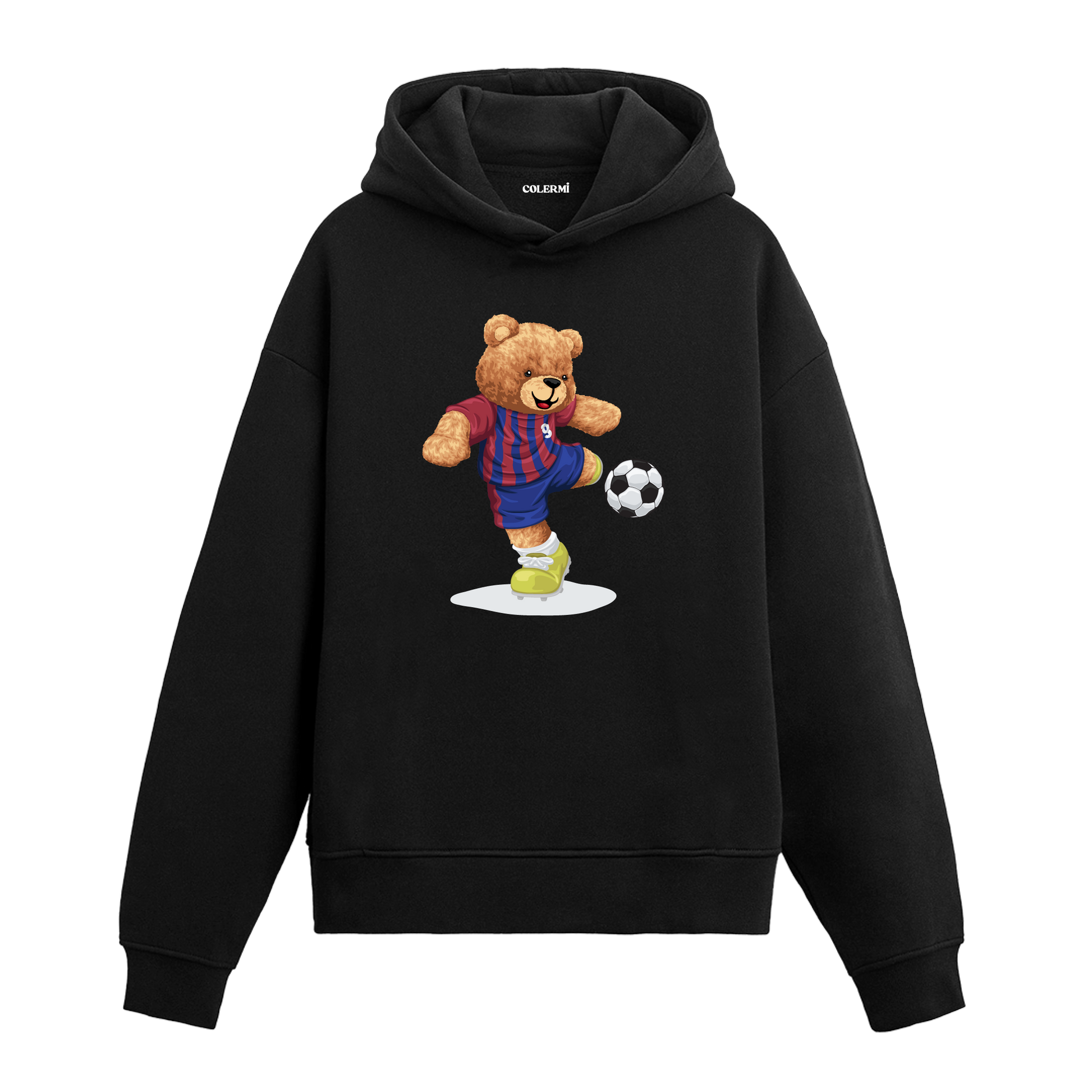 Topa vuran futbolcu ayıcık figürlü hoodie tasarımı.
