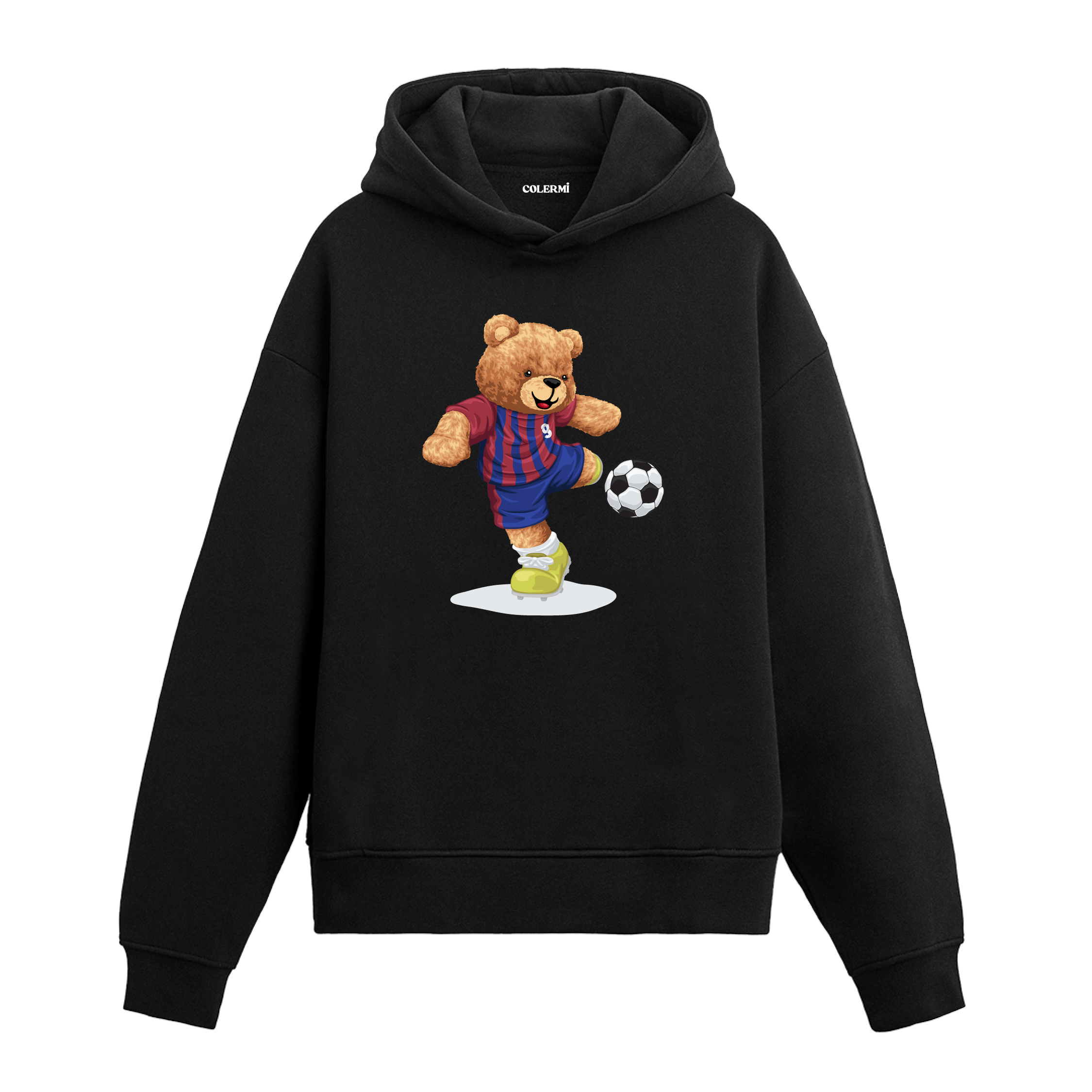 Topa vuran futbolcu ayıcık figürlü hoodie tasarımı.