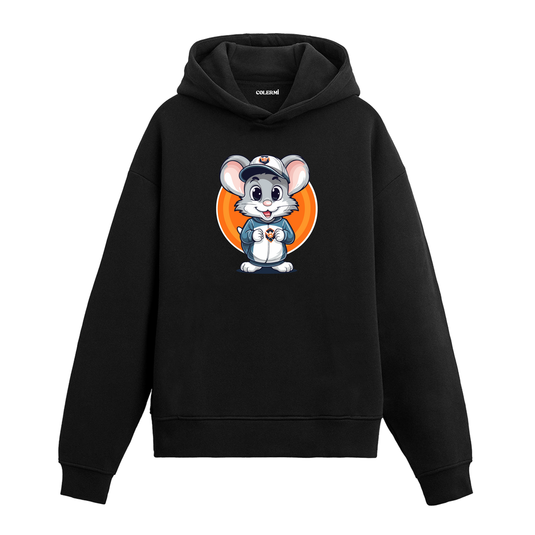 Şapkalı montlu fare baskılı hoodie – sevimli ve enerjik tasarım