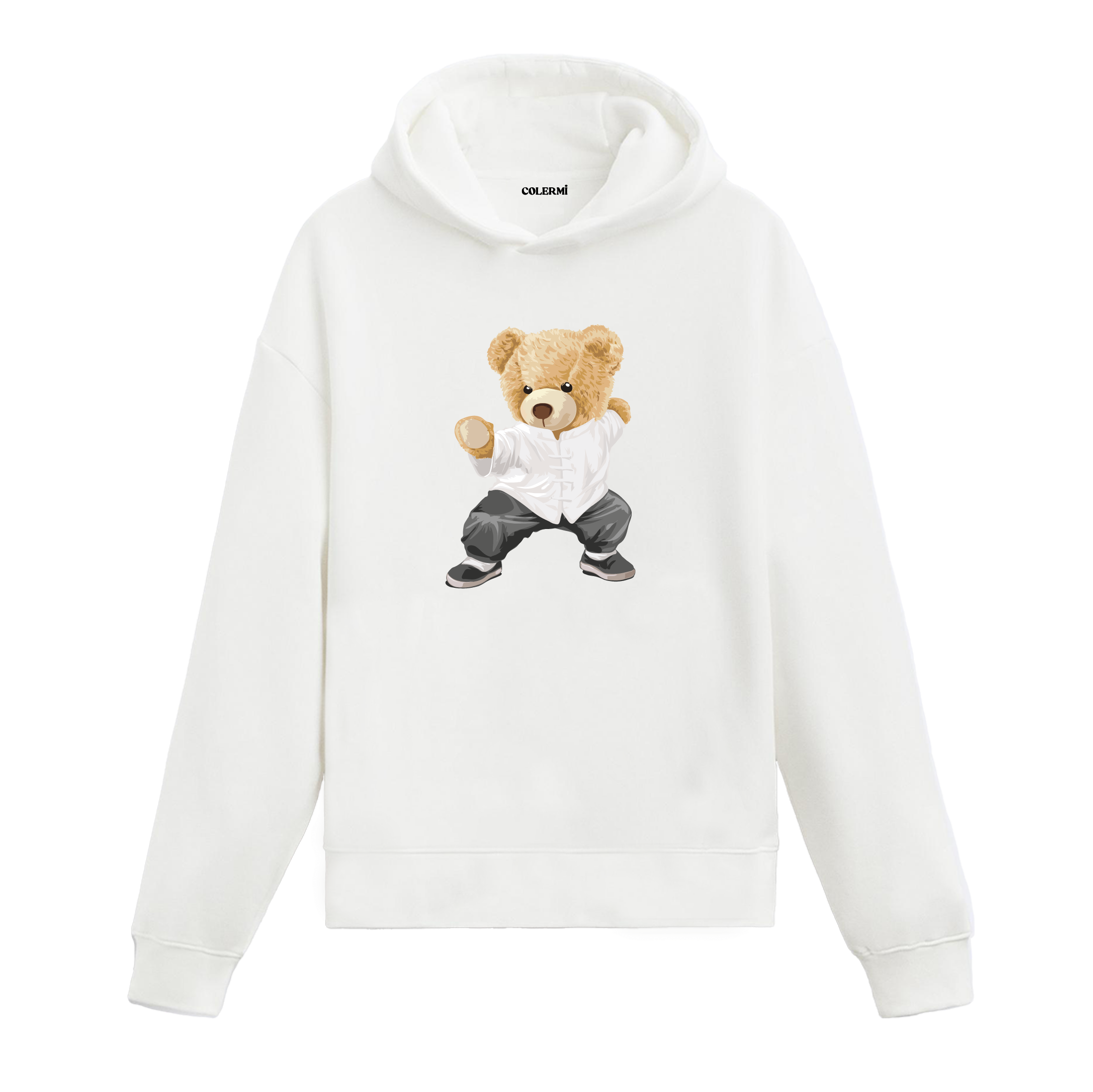 Kung fu pozisyonunda duran dövüş sanatları temalı ayıcık baskılı hoodie tasarımı.