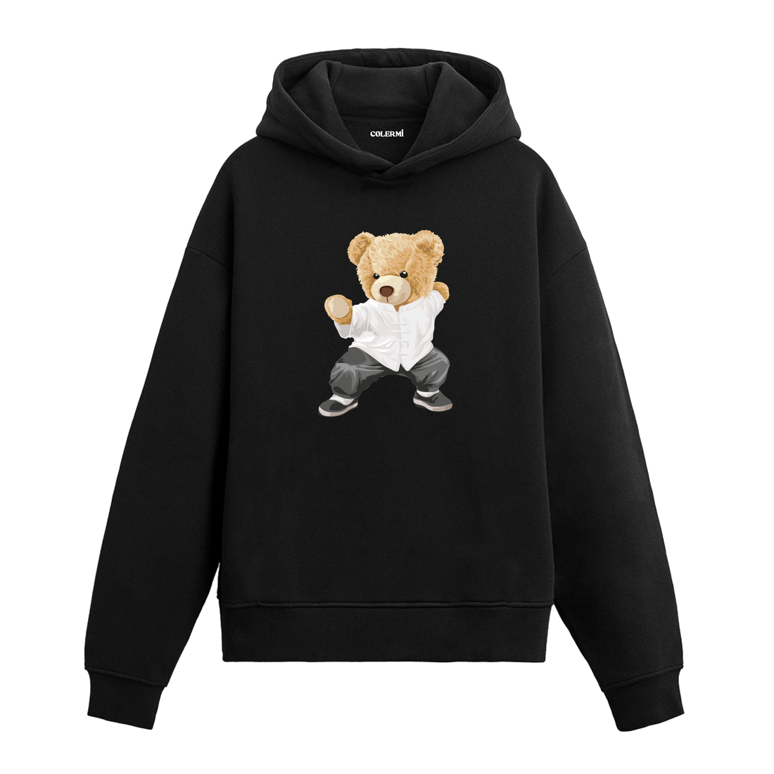 Kung fu pozisyonunda duran dövüş sanatları temalı ayıcık baskılı hoodie tasarımı.