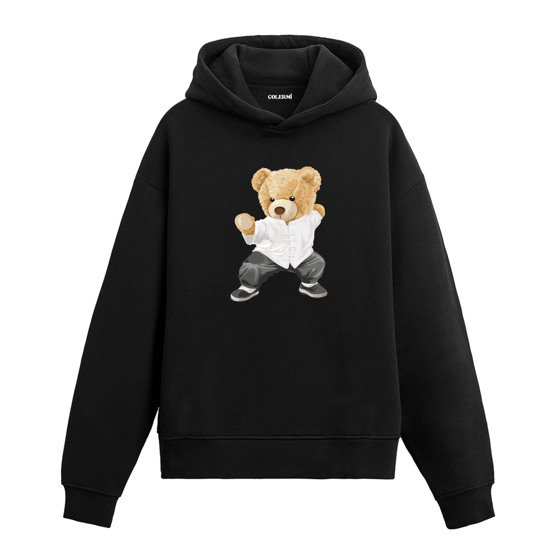 Kung fu pozisyonunda duran dövüş sanatları temalı ayıcık baskılı hoodie tasarımı.