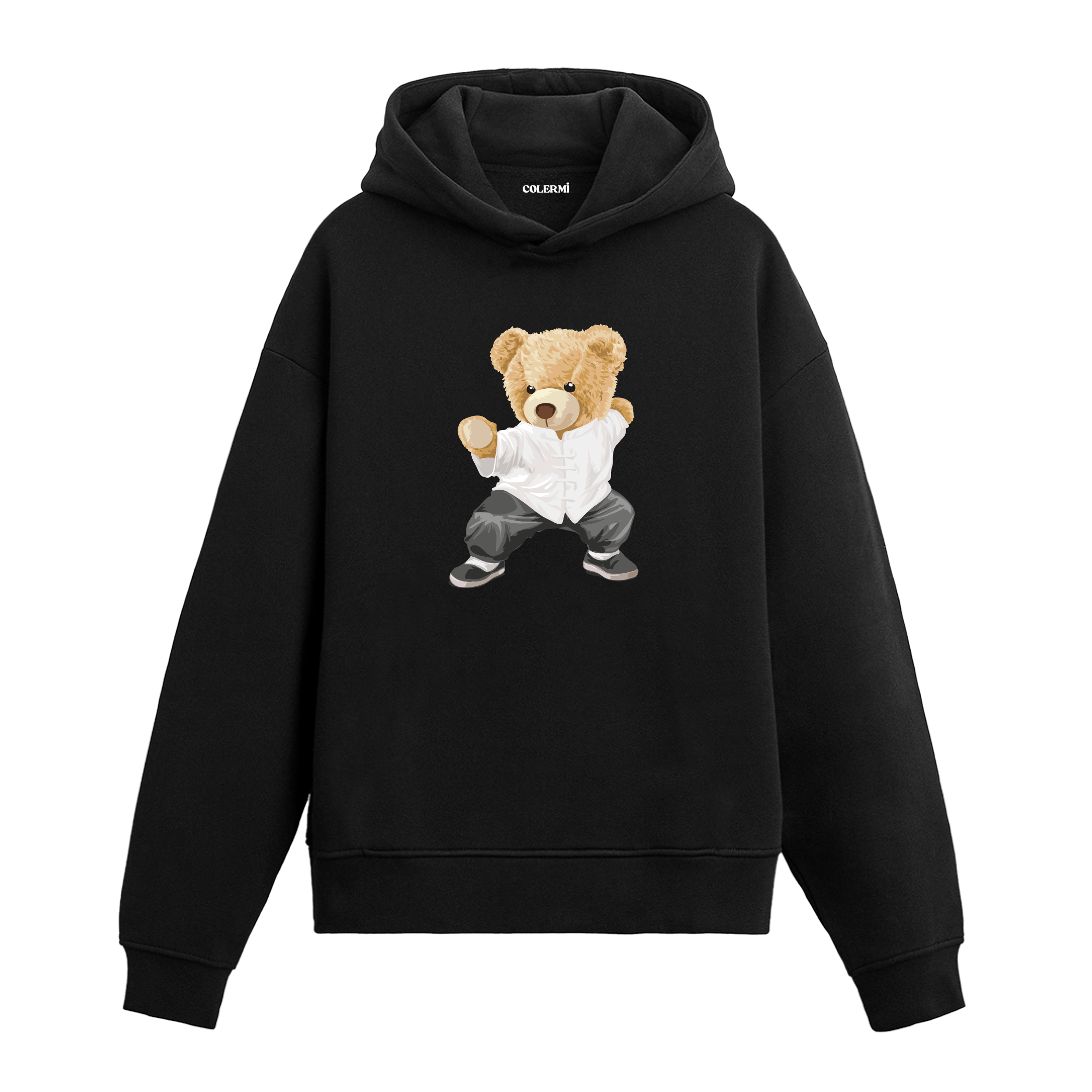 Kung fu pozisyonunda duran dövüş sanatları temalı ayıcık baskılı hoodie tasarımı.