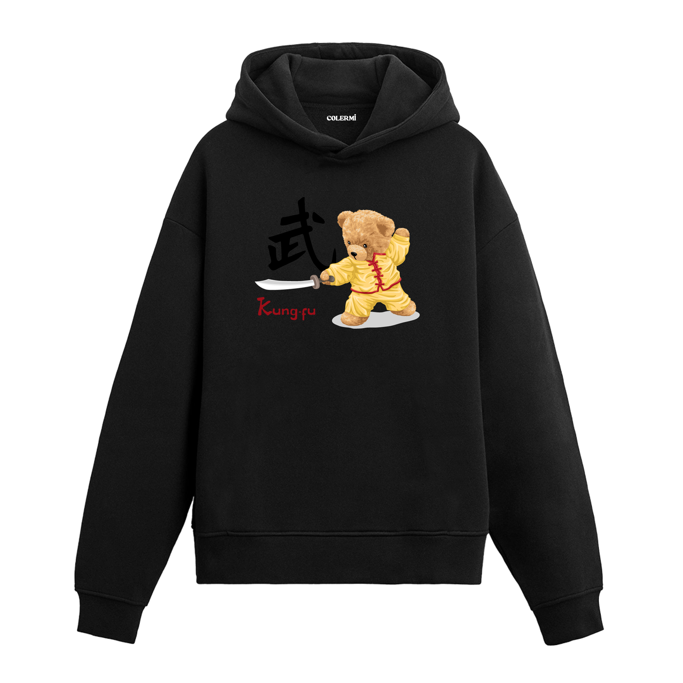 Sarı dövüş kıyafetiyle kılıç tutan kung fu ayıcık figürlü hoodie tasarımı.