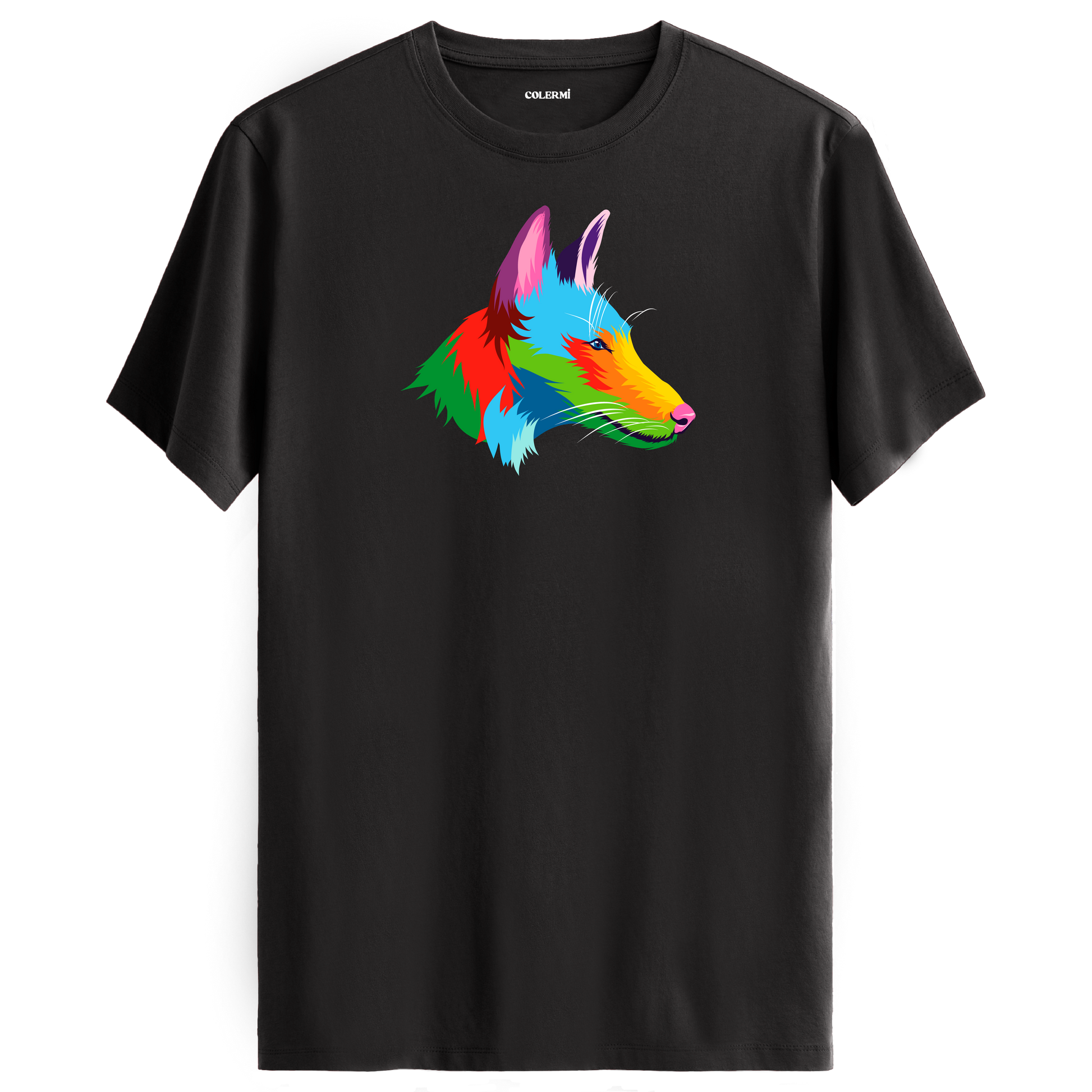 Antrasit tişört üzerinde renkli kurt tasarımı