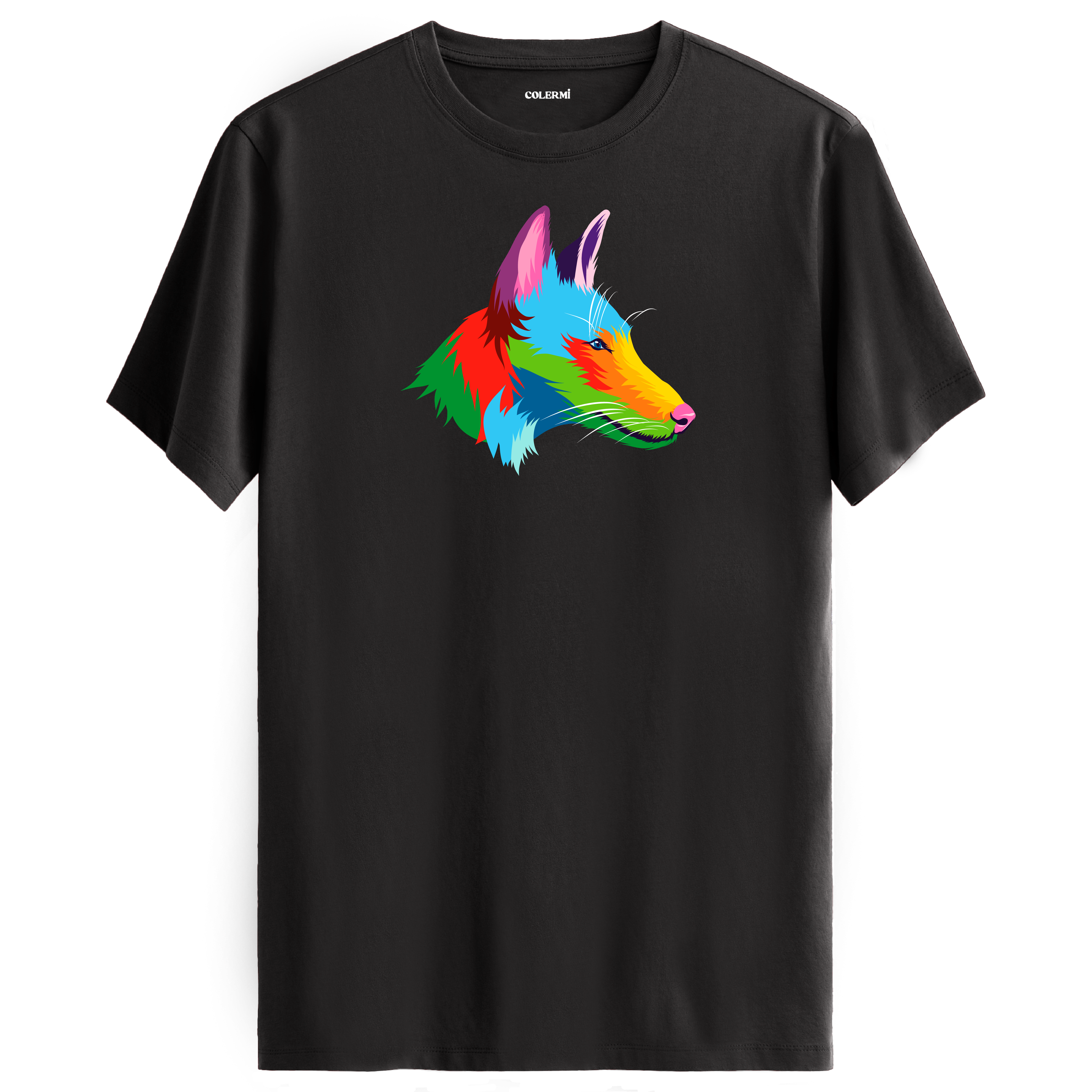 Antrasit tişört üzerinde renkli kurt tasarımı